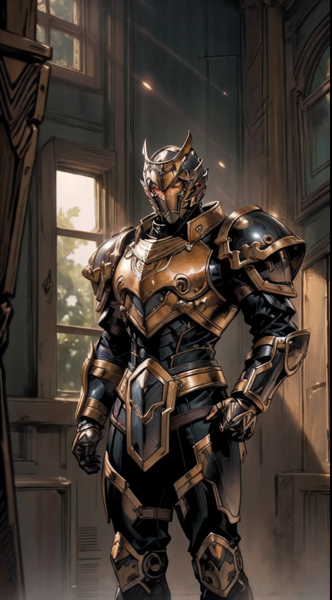 A man wearing a full-face helmet that covers most of his face, adorned in a biomimetic fantasy-style armor, the predominant black color is accented with red textures in the design this character embodies a finely crafted fantasy-style armored warrior design in anime, ((character concept art)), high definition, best quality, ultra-detailed, extremely delicate, anatomically correct, symmetrical face, extremely detailed eyes and face, high quality eyes, creativity, RAW photo, UHD, 16k, (Natural light, cinematic lighting, masterpiece:1.5)