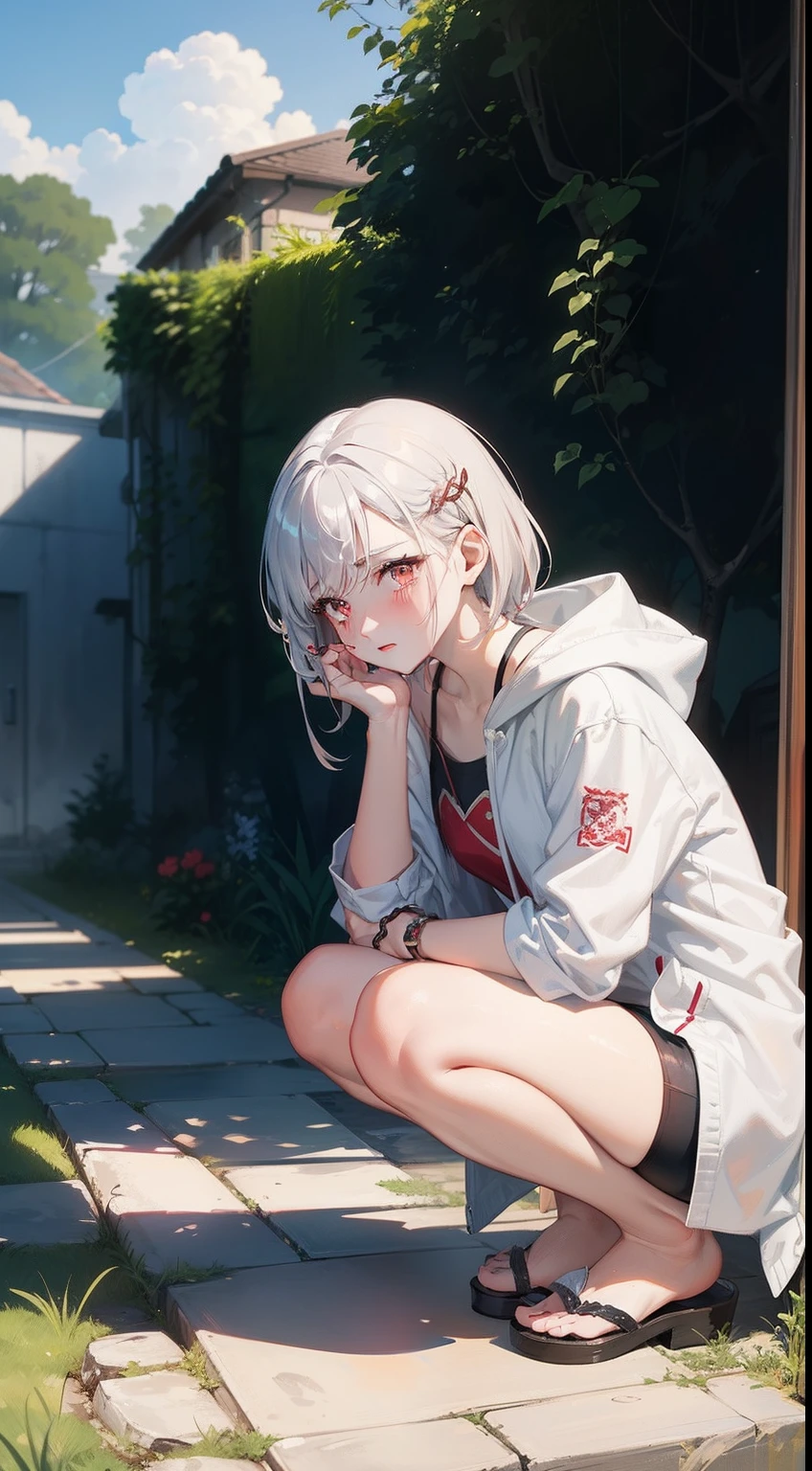 ((masterpiece:1.2、top-quality)), ((Put your hands on your chest)), ((Shy face)), ((Troubled eyebrows)), ((red blush)), 1 Whole body of a girl, elvish, ((silber hair)), Red Eyes, bob cuts, Braided hair, swim wears, The bikini, parka, squatting, sitting on, gender change, shores, gender change, concept-art, beautiful anime scene, Beautiful anime scenery, top-quality, masterpiece