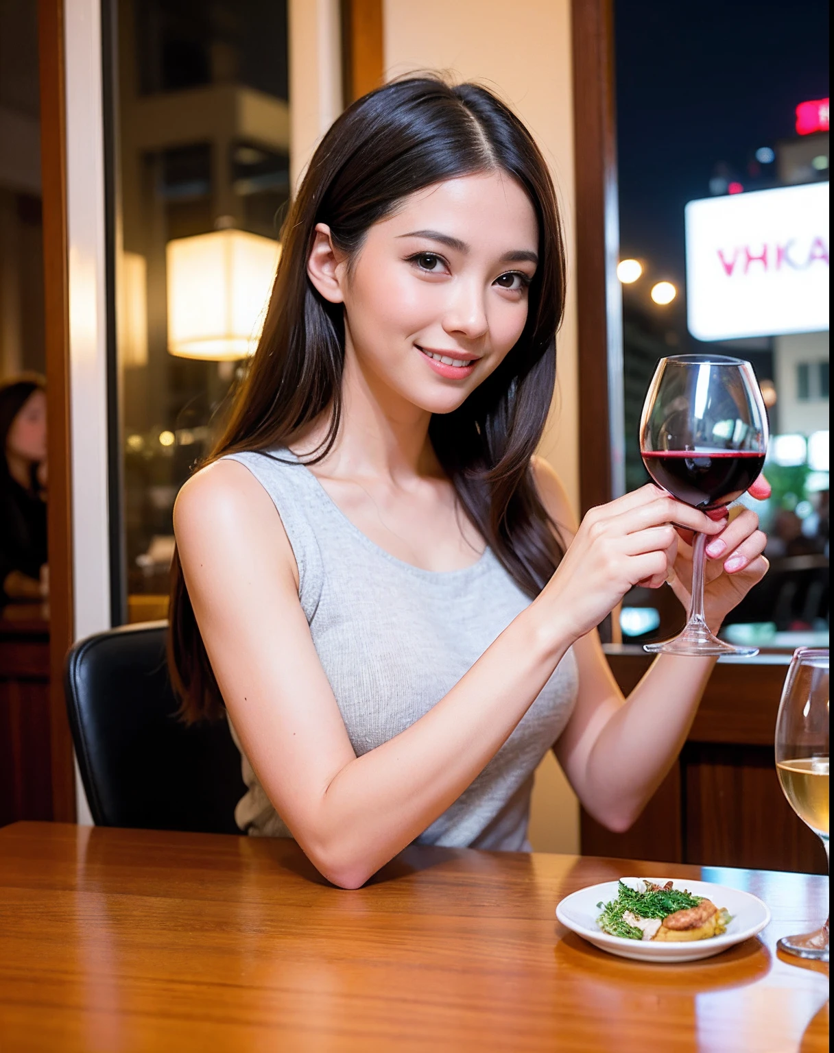 ((Highest quality、8K、masterpiece:1.3))、slimカップル、modelカップル、(Realistic, Intricate details:1.2), full-course dinner、Wine Party、Amazing view of the sunset sky and clouds、A bright smile、The wonderfulness of smile、Bright image、The beauty of wine, Beautiful Face, blue eyes, The light shines on your face, Blushing, short hair,Bright Face、 (Age 37), 39 years old, red wine 、Appetizers、Italian food、Wine bottle、Champagne、sparkling wine、Two beauties、Brown Hair、Shortcuts、Long sleeve shirt、dress、Beautiful woman 1, (slimな顔), (The body is slim), (Brown Hair), (Shortcuts), cheeks turn a little red,Attractive beauty、restaurant, In a prominent place (From the waist up) Nova Frog Style, actress, model, Upper Body, White wine, slim, wine glass, 中央に置かれたwine glass, smile, (smile: 1.15), Beautiful fine grain, Depth f/2,saturation, High Contrast, Strong light and shadow,Moist Body:1.5、3D texture、Delicate eyes、Brown Hair、The hair is very shiny、