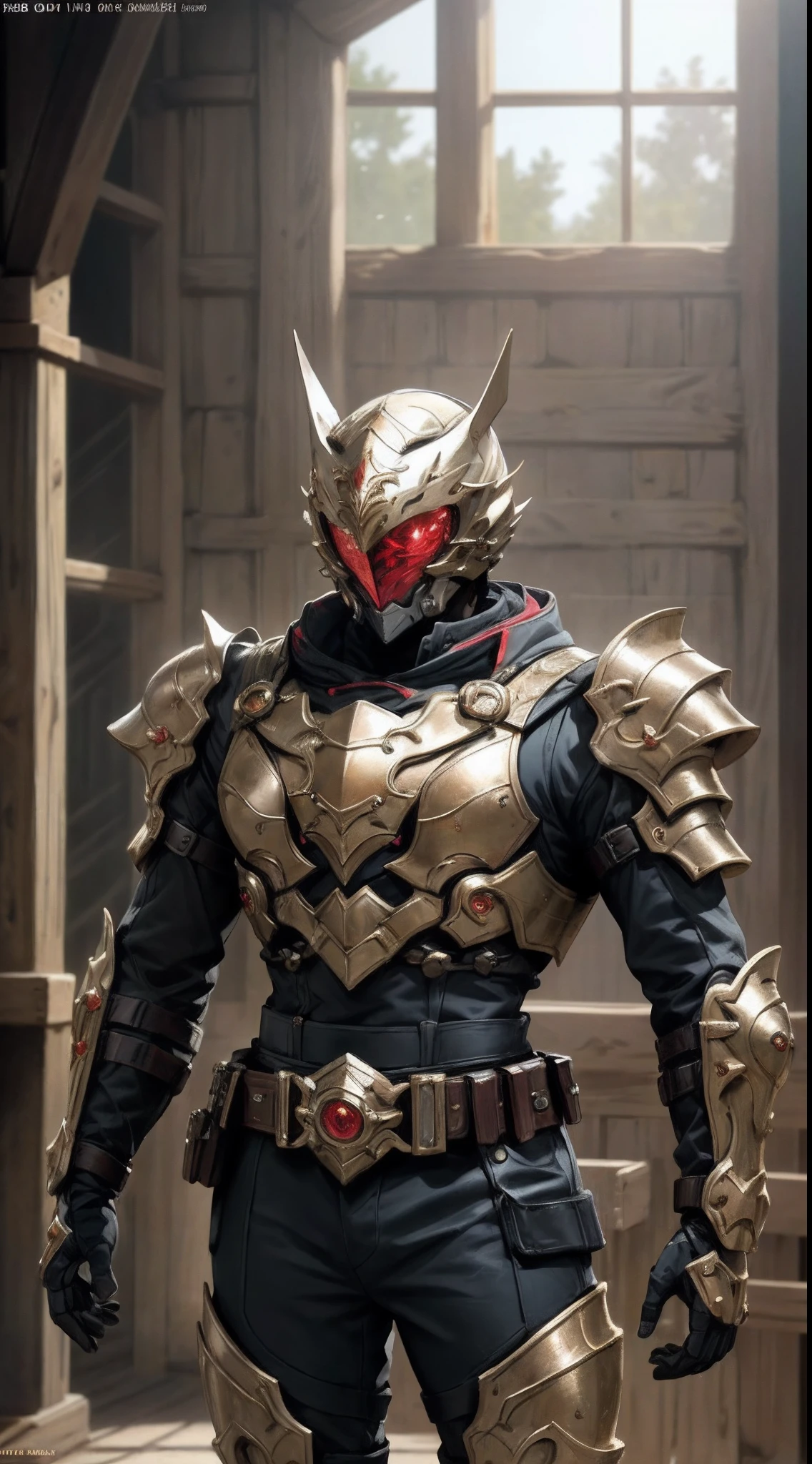 A man wearing a full-face helmet that covers most of his face, adorned in a biomimetic fantasy-style armor, the predominant black color is accented with red textures in the design this character embodies a finely crafted fantasy-style armored warrior design in anime, ((character concept art)), high definition, best quality, ultra-detailed, extremely delicate, anatomically correct, symmetrical face, extremely detailed eyes and face, high quality eyes, creativity, RAW photo, UHD, 16k, (Natural light, cinematic lighting, masterpiece:1.5)