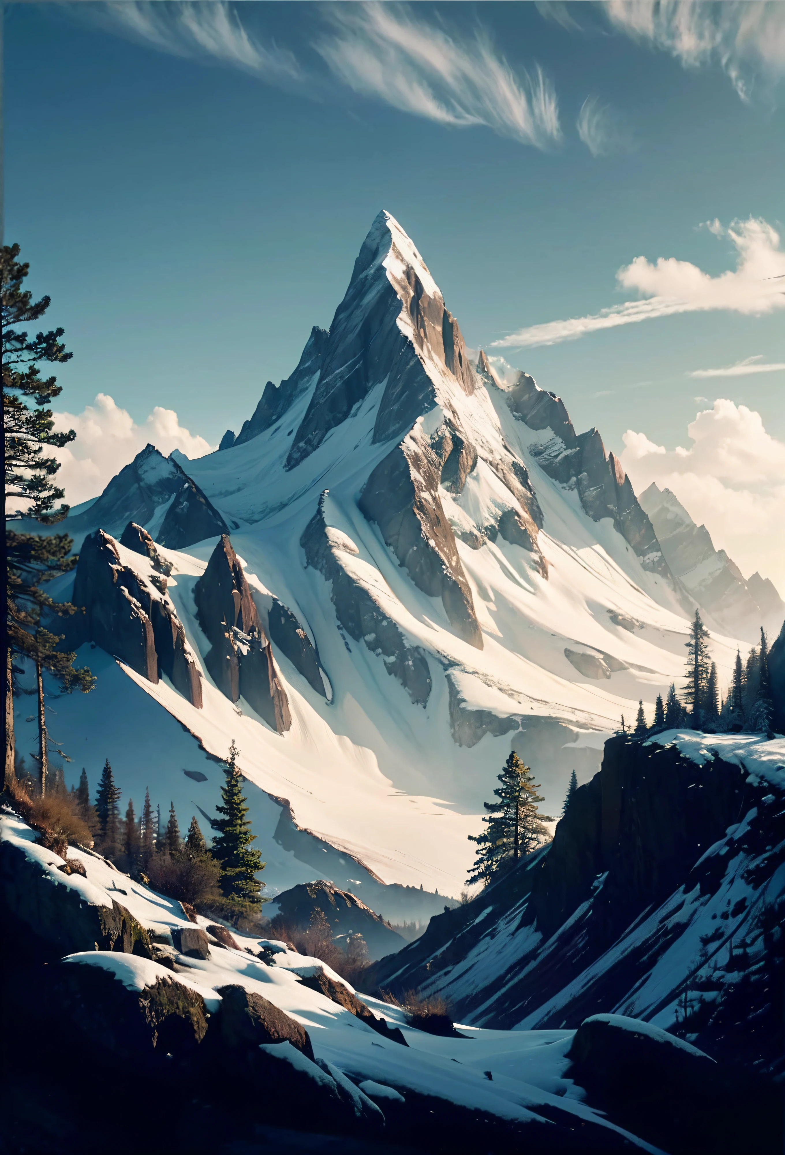 lanscape, 8k potrait of beautiful landscape with a snow mountain, rule of third photography, intricate, elegant, realistic depth of field photography, perfect natural lighting (masterpiece, sidelighting, finely detailed beautiful image render), realistic leav, realistic cloudy, realistic bokeh, realistic blue sky, beautiful sky, ray of light, rule of third photography, point of interest photography, perfect lanscape color tone, realistic moss, realistic grass, realistic store texture, realistic hill, realistic tree, best lanscape color tone, realistic mountain, realistic river, realistic shadow, best of saturation, RAW IMAGE, lots of bird, realistic birds, foggy, realstic snow, snow land
