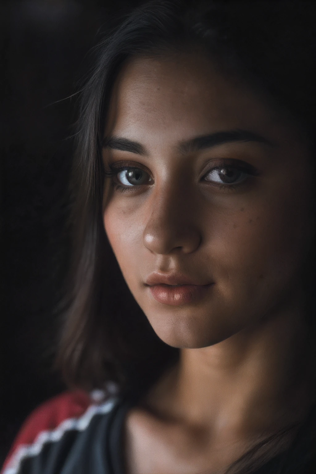 (close-up, editorial photograph of a 21 year old woman), (highly detailed face:1.4) (smile:0.7) (background inside dark, moody, private study:1.3) POV, by lee jeffries, nikon d850, film stock photograph ,4 kodak portra 400 ,camera f1.6 lens ,rich colors ,hyper realistic ,lifelike texture, dramatic lighting , cinestill 800, Turkish girl