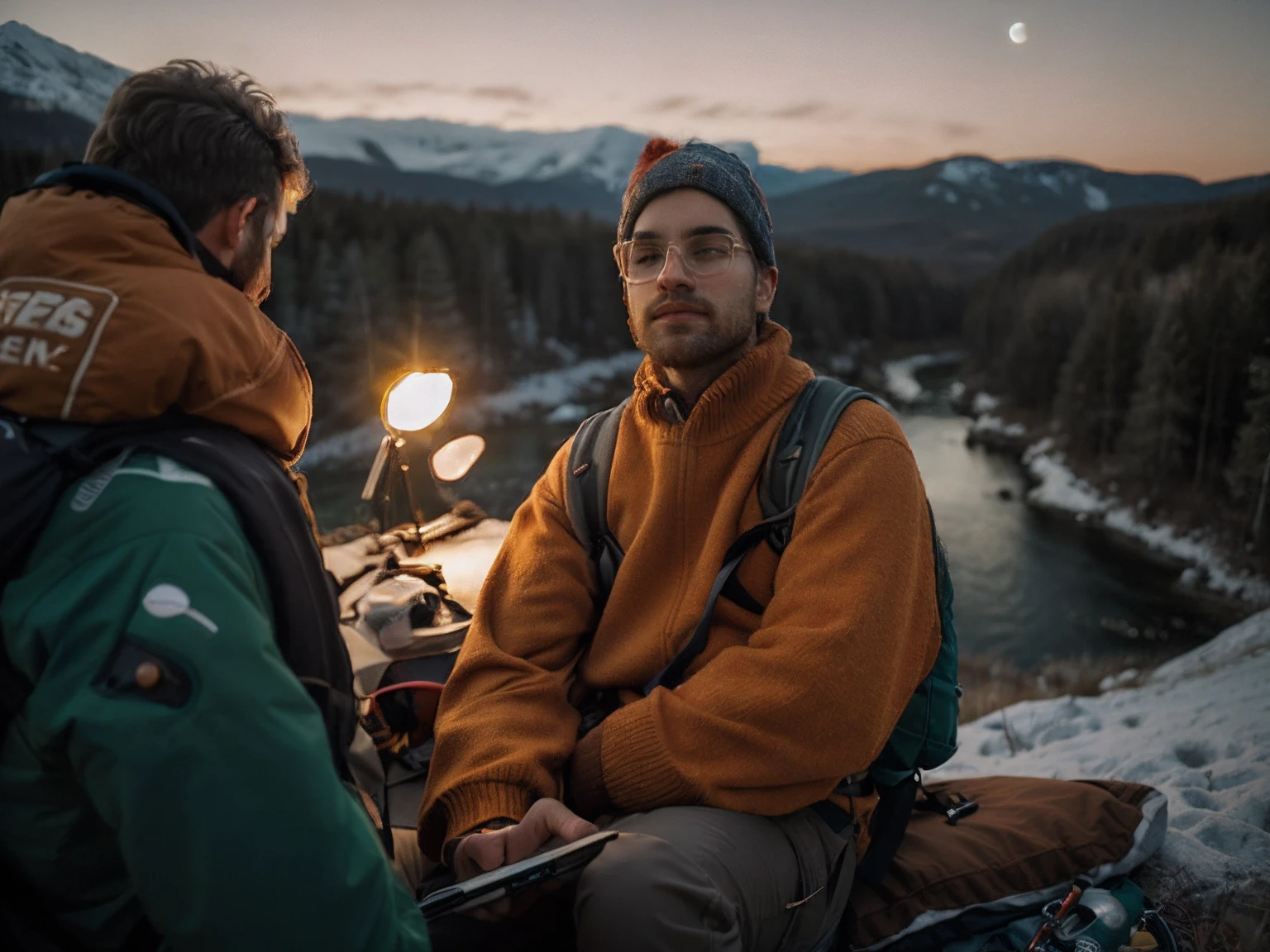1 Man ((Upper Body Selfie, Happy)), Masterpiece, Best Quality, Ultra Detailed, Solo, Outdoor, (Night), Mountains, Nature, (Stars, Moon) Cheerful, Happy, Backpack, Sleeping Bag, Camping Stove, Kettle, Hiking Boots, Gloves, Sweater, Hat, Flashlight, Forest, Rock, River, Wood, Smoke, Shadow, Contrast, Clear Sky, Simulation Style (View Audience: 1.2) (Skin Texture) (Film Grain: 1.3) , (Warm Colors, Warm Colors)