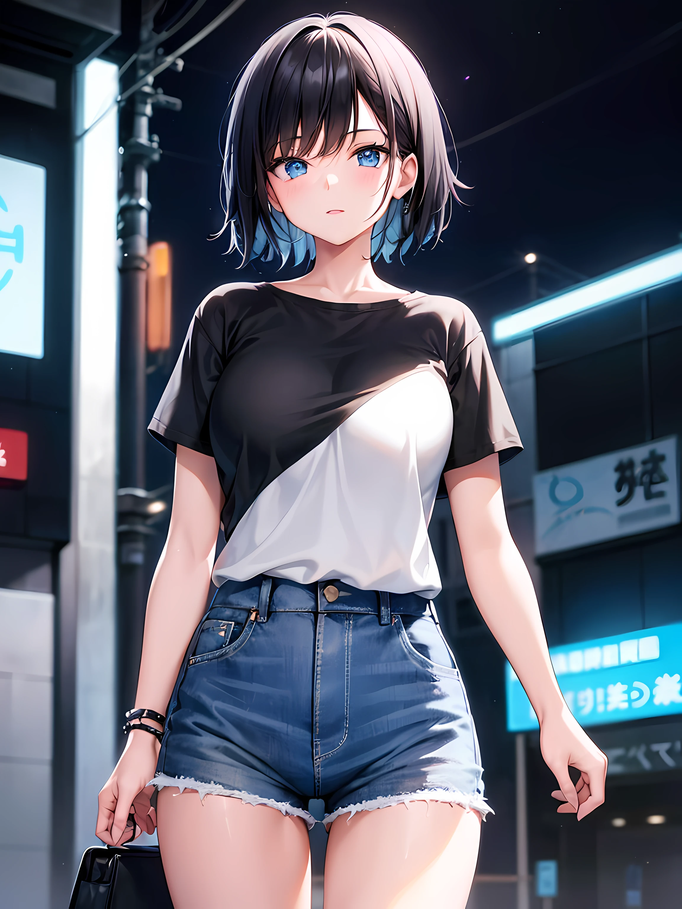 1girl, short black hair, blue eyes, wearing plain white shirt, denim shorts, Tokyo street, night, neon lights, ultra sharp, high res, masterpiece, looking at viewer