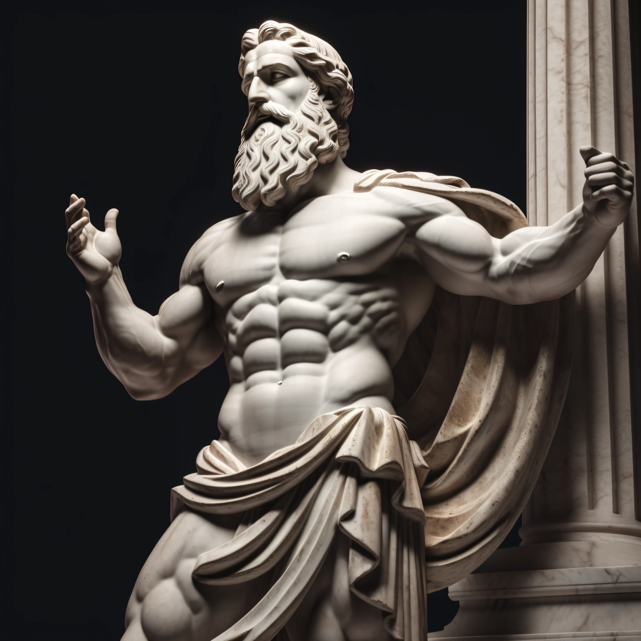 Greek statue of philosopher with beard and muscles, marble, cinematic, ultra realist, 8k, dark background