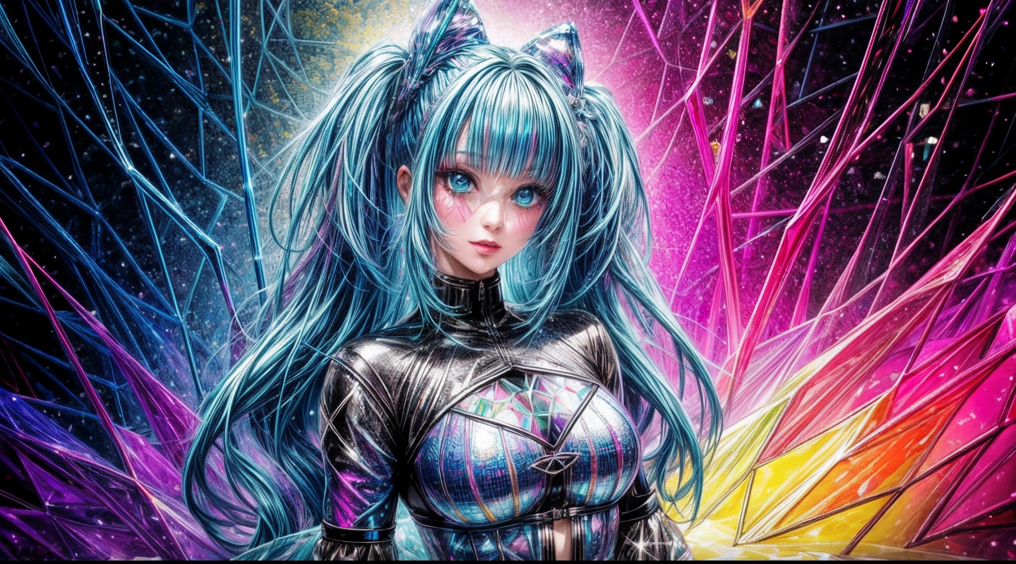 add_detail:1, Hyperdetailed art, (holographic foil clothing), shiny, girl in a cybergoth outfit made of holographic foil, pastel colors, high details, expressive patterns, creative outcome, masterpiece, background made of crystal petals, a slime pond filled with gems, a labyrinth made of glass