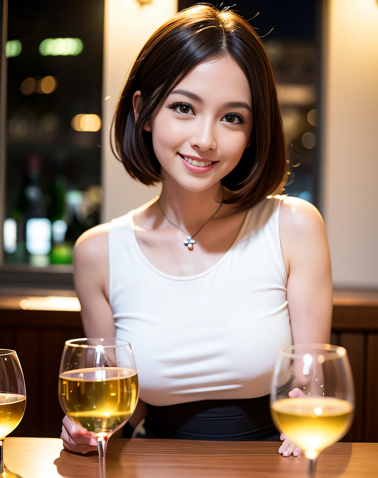 (64K, UHD, top quality, masterpiece: 1.2), (realistic, photorealistic: 1.37), super detailed, pretty woman 1 person, (slim face), (slim body), (brown hair), (short cut), cheeks slightly blushing, (44 years old), 38 years old, solo, beautiful detailed urban night view outside the window, restaurant, wine glasses sit, at night, in a prominent placeNovaFrogStyle, Actress, Model, Waist Up, White Wine, Slim, Wine Glass, Super Clean Night View, Wine Glass Put in the Middle, Happy Smile, (Smile: 1.15), Beautiful Fine Eyes, Upper Body, Bust Japan Up, Night, Short, Short, Actress, Model, Waist Up, White Wine, Slim, Wine Glass, Super Clean Night View, Wine Glass Put in the Middle, Happy Smile,