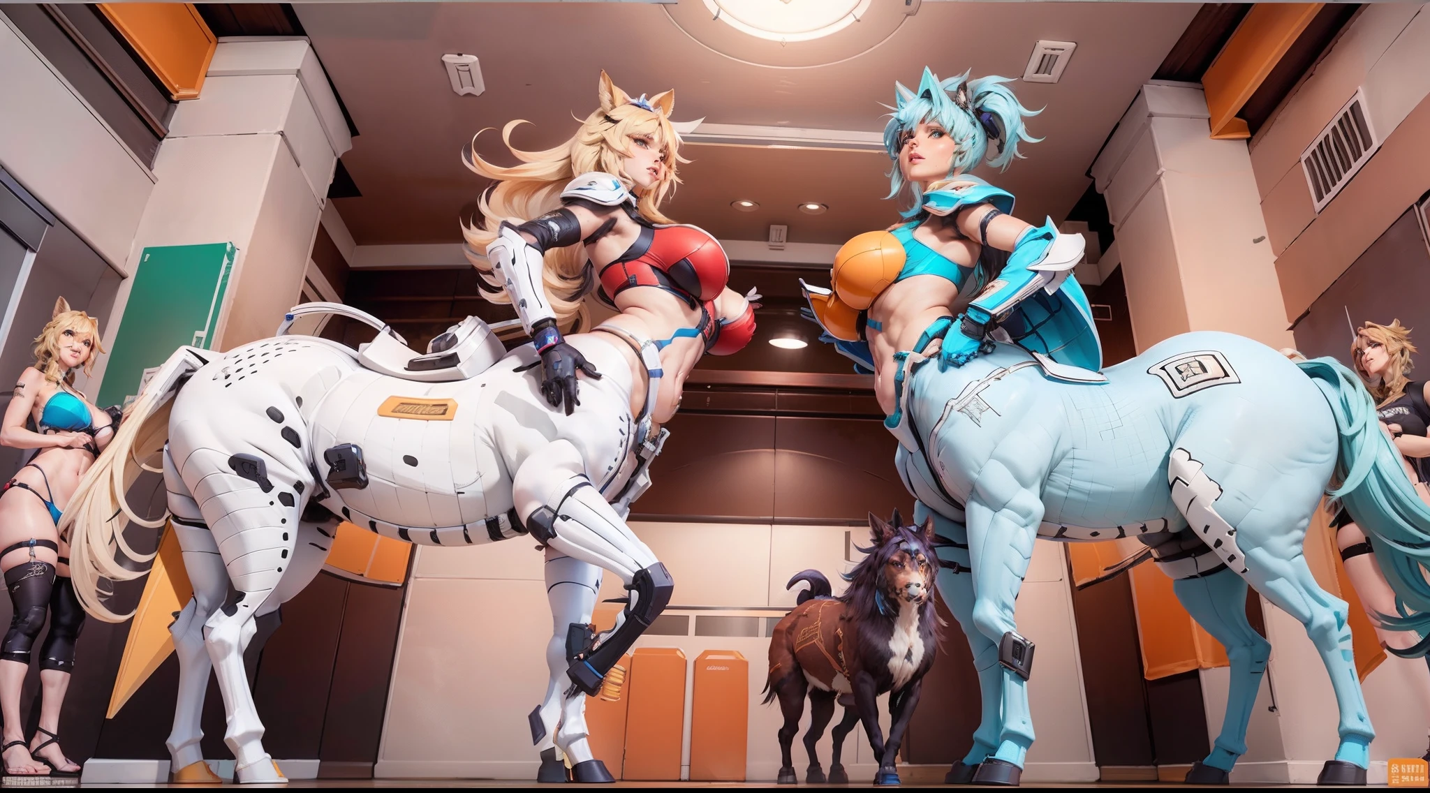In a very grand scene,The extra-large wide-angle lens captures the appearance of a female centaur。She is tall,It has the ultimate curvy beauty,The muscles are slender and firm,Beautiful lines。Her facial features are tough and coquettish,Always with a sunny smile。She wears special tight-fitting equipment with a strong sense of technology,Step on multifunctional off-road style heels,Delicate and practical protective gear is worn on the hands, feet, wrists, neck and shoulders。The detection equipment around you flashes various cue lights and neon-like information screens,Let her exude a charming brilliance。Use Midjourney's advanced tools,Design special tight-fitting equipment for female centaurs,Highlight her unique physiological characteristics and appearance details,Add realism。And in her adventure scene,Spectacular views of nature,Such as the sky where storms and sunny days alternate、Brilliant rivers of stars and auroras、The snow-capped summit of Mount Everest、Fireworks in the mountain town, etc。ao mesmo tempo,Away from the hustle and bustle of Long Beach Pier is a neon-lit spaceship docked,Create a fantastic scene。Use Midjourney's advanced tools and multiple color palettes、Brush Strokes、Texture tools and model packages,It shows a sense of atmosphere where beauty and charm coexist。The charm of the female centaur is highlighted through color and lines,Enhance realism with detailing,Create a surreal dreamy feeling。Additionally,Use Midjourney's tools to add a variety of extreme sports gear and cultural trinkets to the female centaur,Create intricate hairstyles and outfits,Give her a sense of premium。She never flinches,Regardless of the terrain,can respond quickly,Even the extreme geography and dangerous terrain of aliens cannot stop her。Use Midjourney's powerful tools,You can do it with incredible detail and beauty,Bring this ultra-grand and beautiful scene to life。Ultra-grand scenes,super wide shot, hdr,(真实感,Masterpiece quality,best qualtiy),