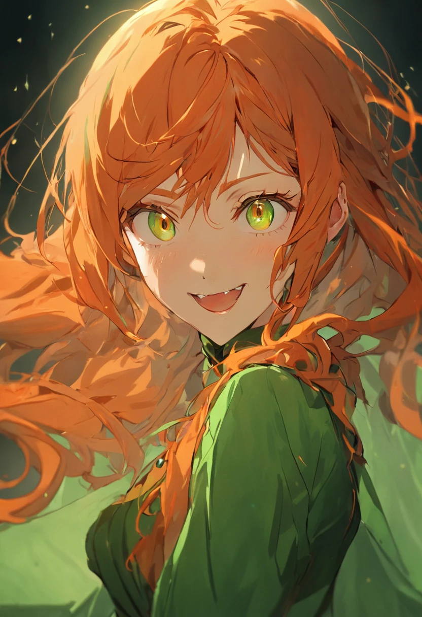 ((best quality)), ((masterpiece)), (detailed), beautiful face, female witch, (defiance512:1.2), big red eyes, wearing green dress, orange hair, intense gaze, evil smile, contrasting soft skin, (lighting:1.2), close-up portrait, 4:3 aspect ratio, inspired by Alina Gingertail and Merida