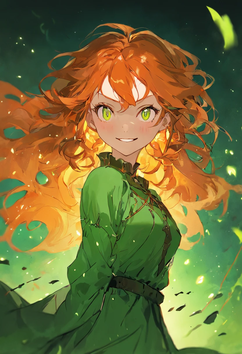 ((best quality)), ((masterpiece)), (detailed), beautiful face, female witch, (defiance512:1.2), big red eyes, wearing green dress, orange hair, intense gaze, evil smile, contrasting soft skin, (lighting:1.2), close-up portrait, 4:3 aspect ratio, inspired by Alina Gingertail and Merida