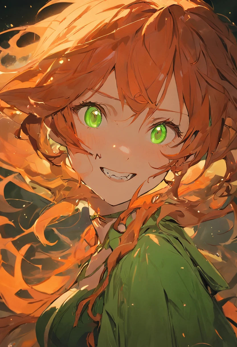 Bomb anime girl, made of liquid orange flames, glowing green and yellow eyes, can self destruct, fanged  evil grin, floating glowing orbs of fire, masterpiece, best quality