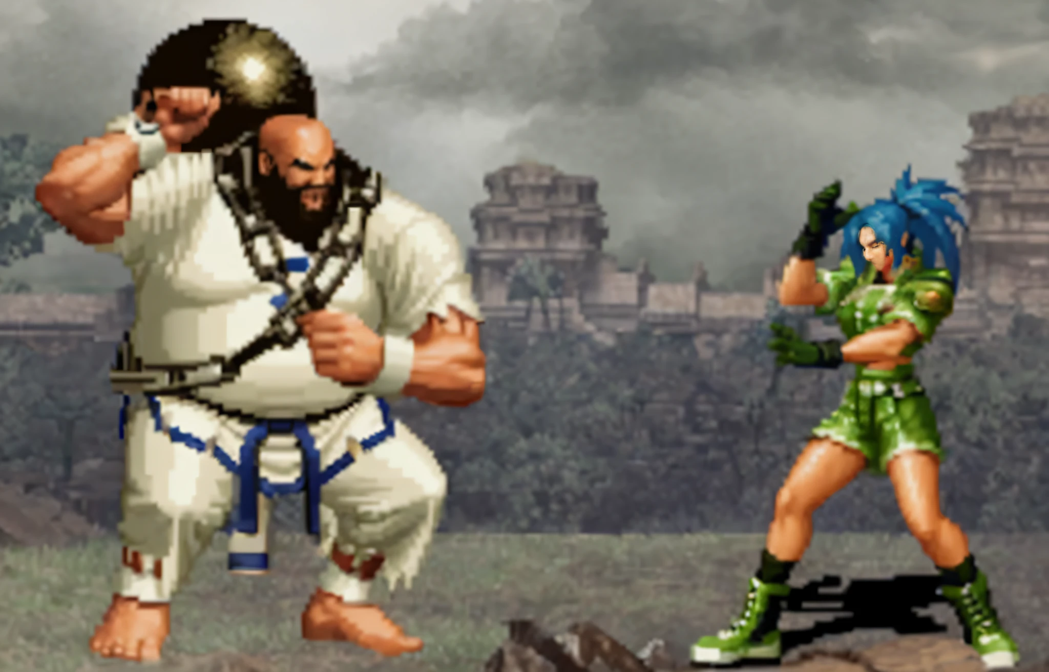 Close-up of two people fighting in a video game, king of fighters style, 《king of fighter》role, Combat fantasy style image, posing for a fight intricate, Harduken, of virtua figther, fighting game, serious sam as smash characters, fighting game character, chrono trigger guilty gear style, New geography, balrog, Street Fighter, SNK