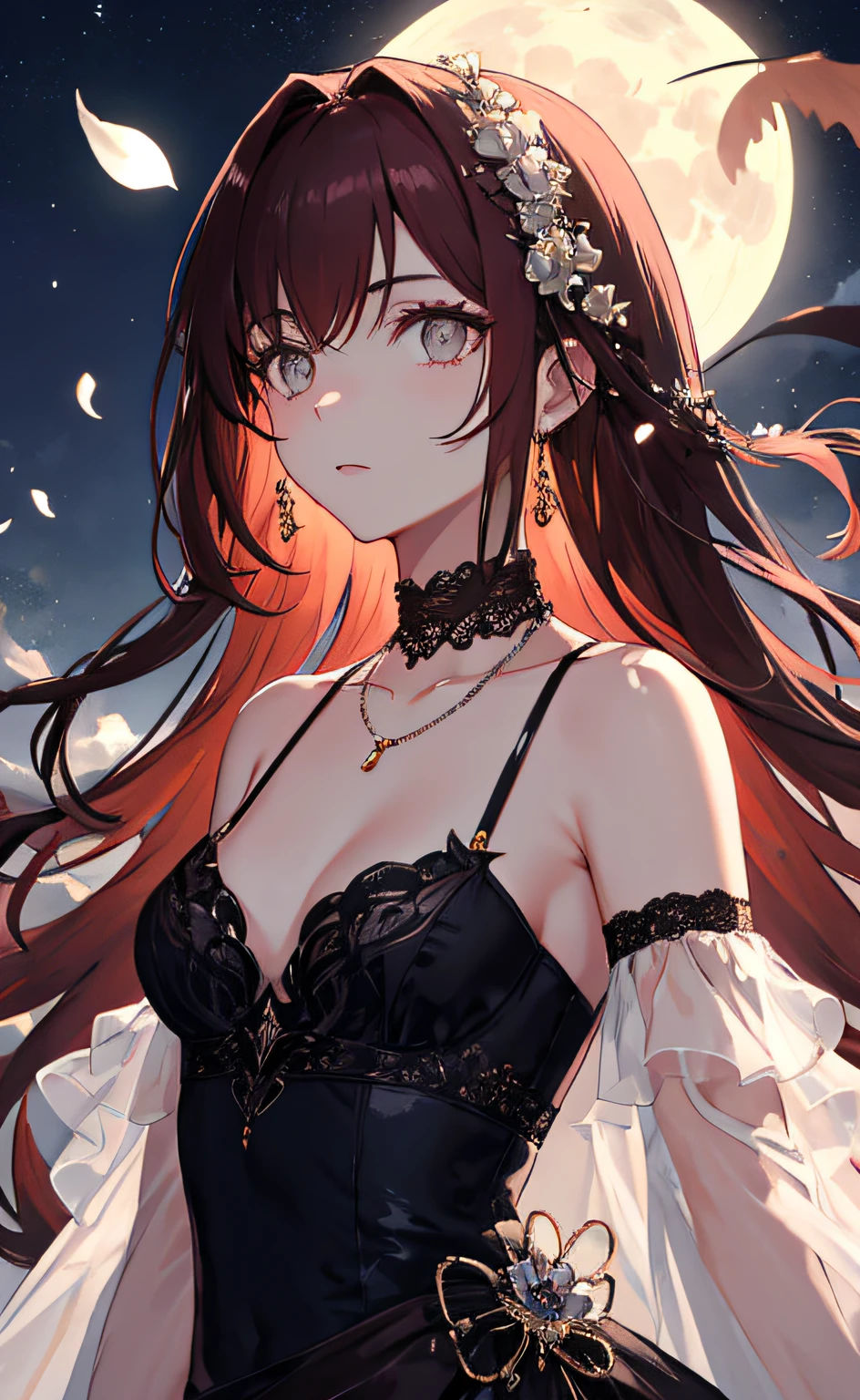 1womanl,Adults,Lace,ribbon,(Masterpiece, side-lighting, Beautiful gray eyes,The details are meticulous: 1.2), Masterpiece, Intricate details, Glowing eyes,Shiny hair,Long brownish-red hair, Solo, embarressed,No shoulder strap,Exquisite,prettify,Flowers,flying petal,the moon in the background,Sharp eyes,color difference,choker necklace,cropped shoulders,small boobs,Handsome,alta fantasia