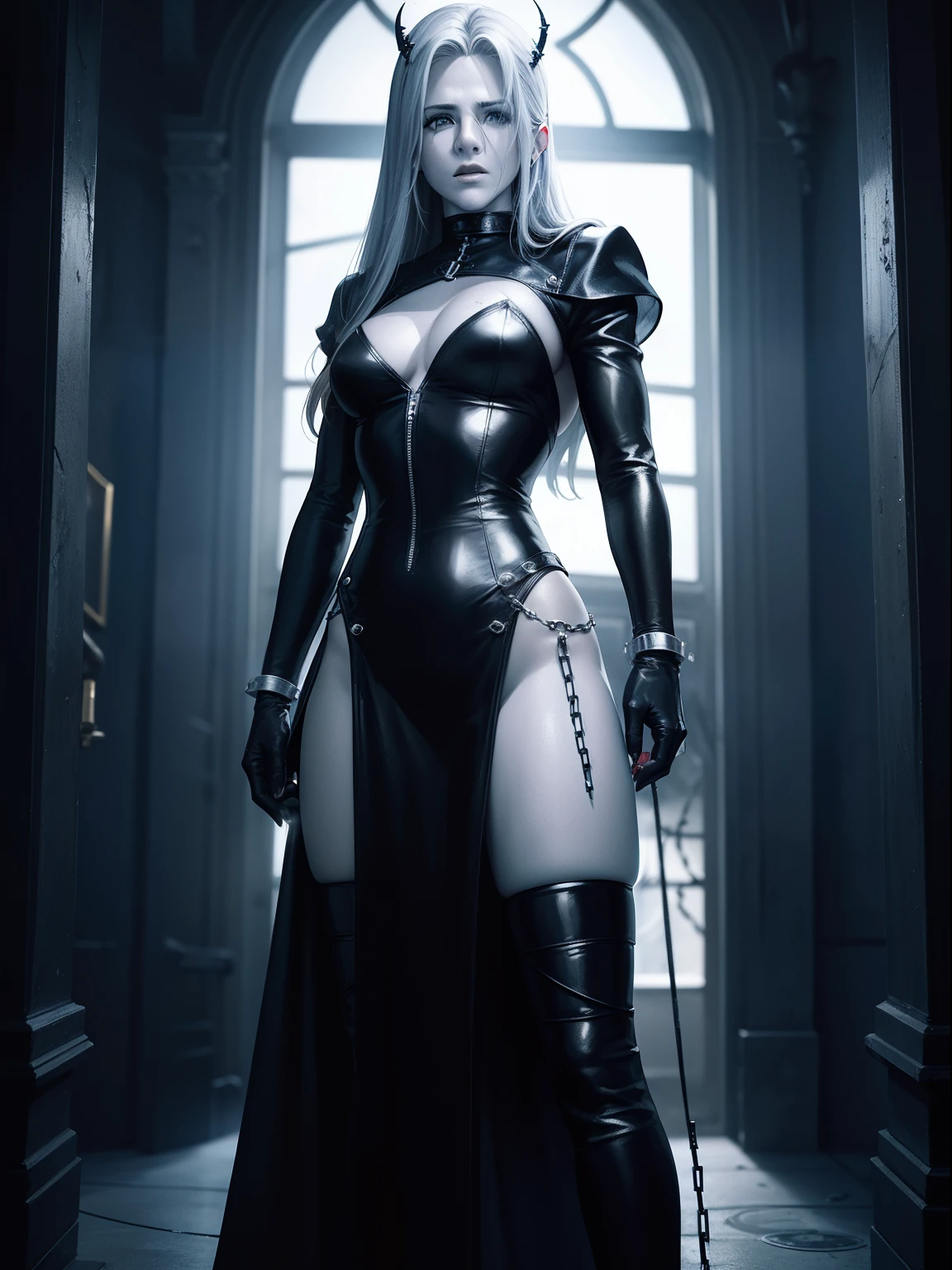 Young Jennifer Aniston as a cenobite from movie Hellrsiser, black leather wear, bdsm-style, horror movie, gothic , thorns, open wounds, chains and hooks, blood on hands,erotic,white skin, in full height
