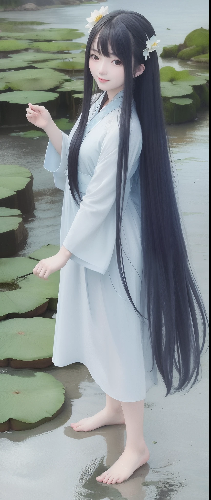 ((4k,masterpiece,best quality)), shuimobysim, traditional chinese ink painting, lotus, hanfu, maxiskit, dress conservatively 1girl, solo, long blue hair, smile, standing, feet in the water, barefoot,