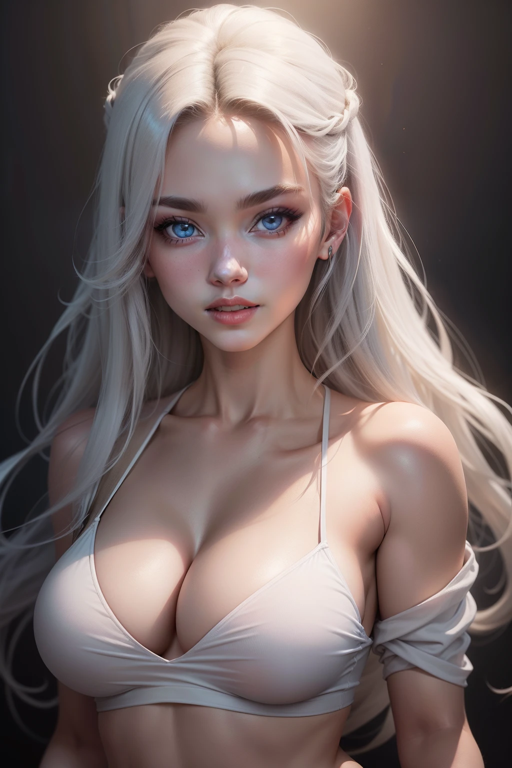 Fashion model 25 years old，White loose shirt，in a panoramic view，[[[[closeup cleavage]]]], [[[[coll]]]], [[[[bshoulders]]]], Hair is naturally scattered，large perfect eyes, Perfect iris，Perfect lips，perfect teeth，Perfect skin，Soft front light，with light glowing，hdr，（pastel colour：1.2）