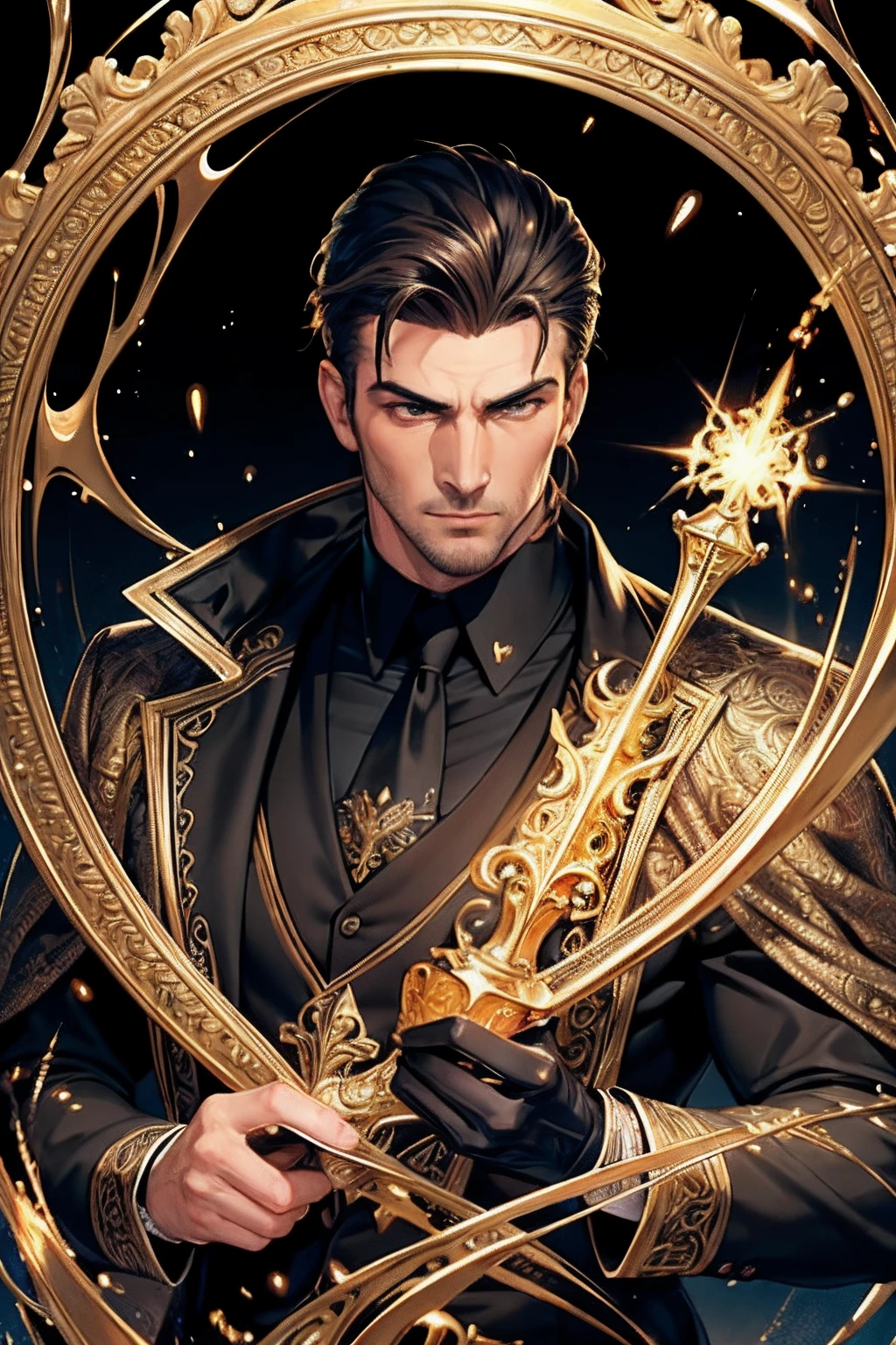 masterpiece, best quality, 1 male, adult, tall muscular, handsome, finely detailed eyes, intricate details, (style-swirlmagic:1.0), solo, upper body, detailed background, detailed face, (mafia theme:1.1), intricate outfit, black gloves, smug expression, orange color scheme, glowing magic, dark atmosphere, realistic lighting, floating particles, sparks, bloom