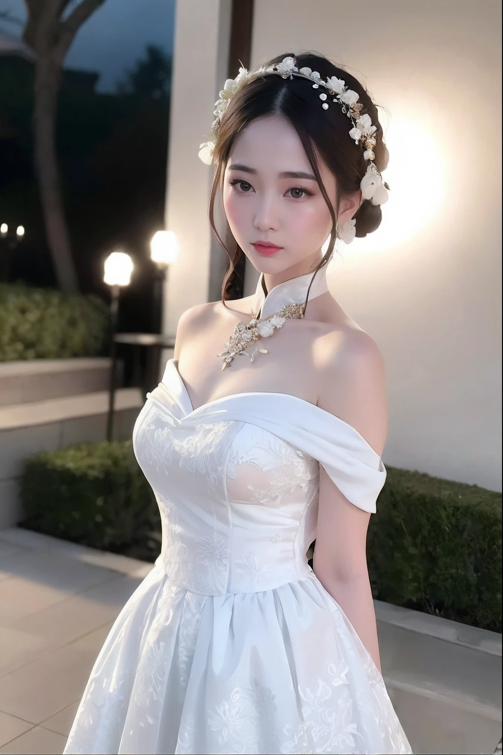 (sweat:0.7),Light yellow wedding dress,white short skirt,woman,japanese,exquisite face, beautiful face,bare shoulders,shoulders slightly exposed,translucent skin,black eyes,black hair,(photorealistic:1.4),realistic details, high resolution,bokeh,outstanding details