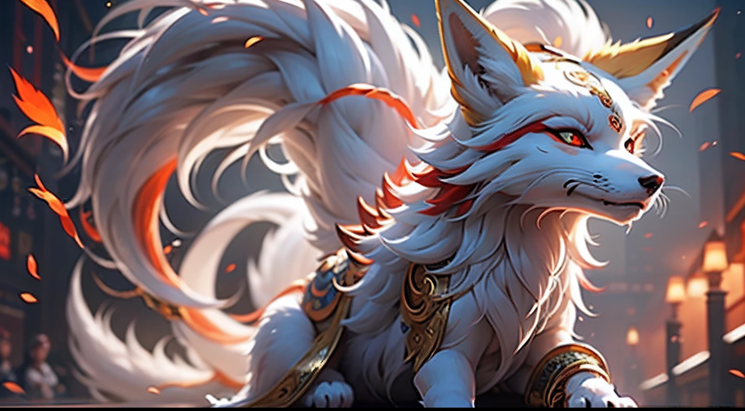 (Best Quality: 1.3), (masutepiece: 1.3), (Realistic: 1.4), (Details: 1.1), Nine Tails, Fox, White fur, Super fine, Super Flooring, Red dragon pattern on the body, God brightly々Red eyes, 9 tails pointing upwards, Dynamic, Mythological background, Super dreamy