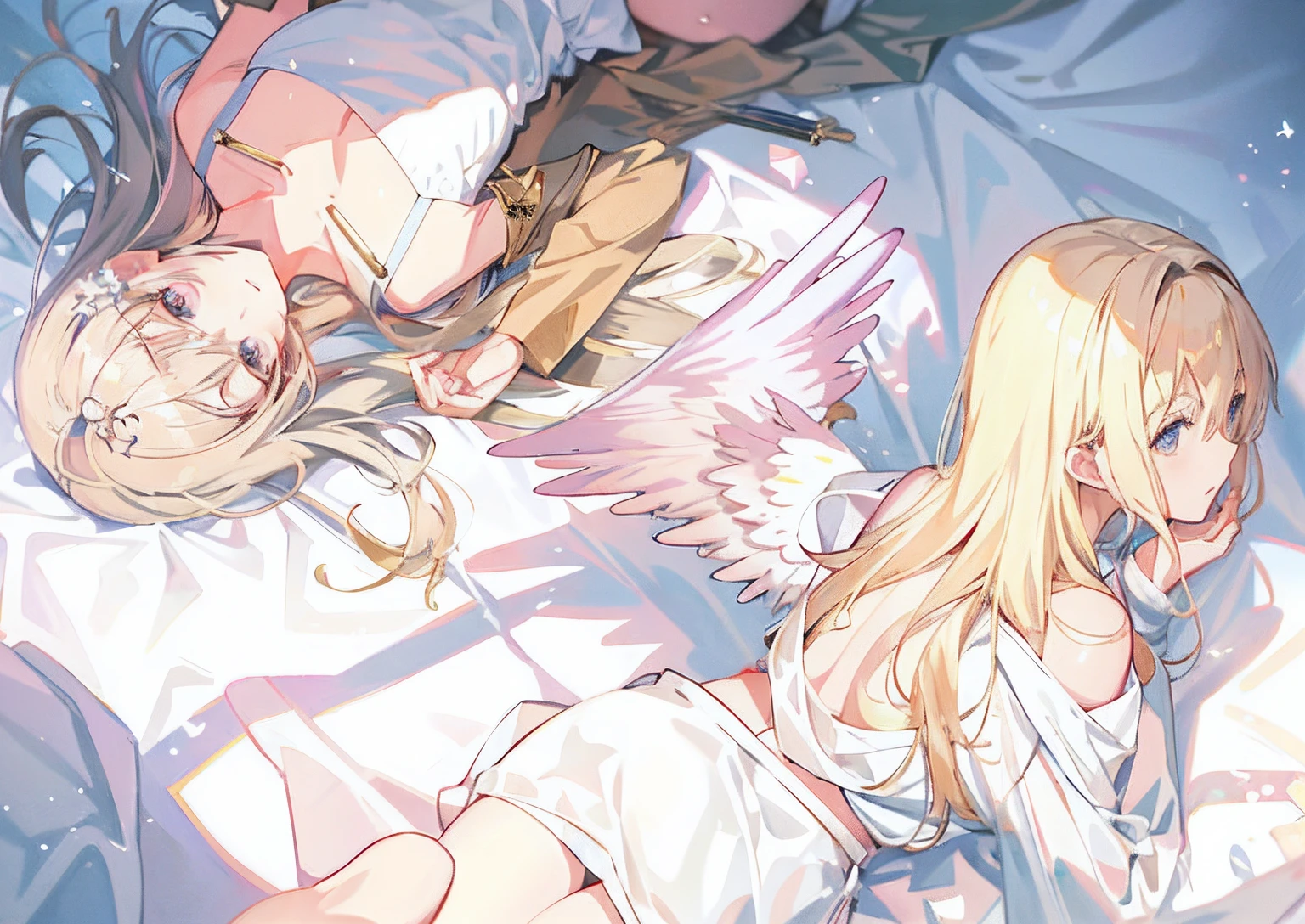 Anime characters lie on bed with their heads down, 4k manga wallpapers, Violet Evergarden, Flying angels, Detailed key anime art, Highest rated on Pisif, 2 angels, Angels in the sky, Pisif, angel themed, Epic light novel art cover, low angel, high resolution!!, ethereal anime, angelic purity, An anime cover, close angle, Angels