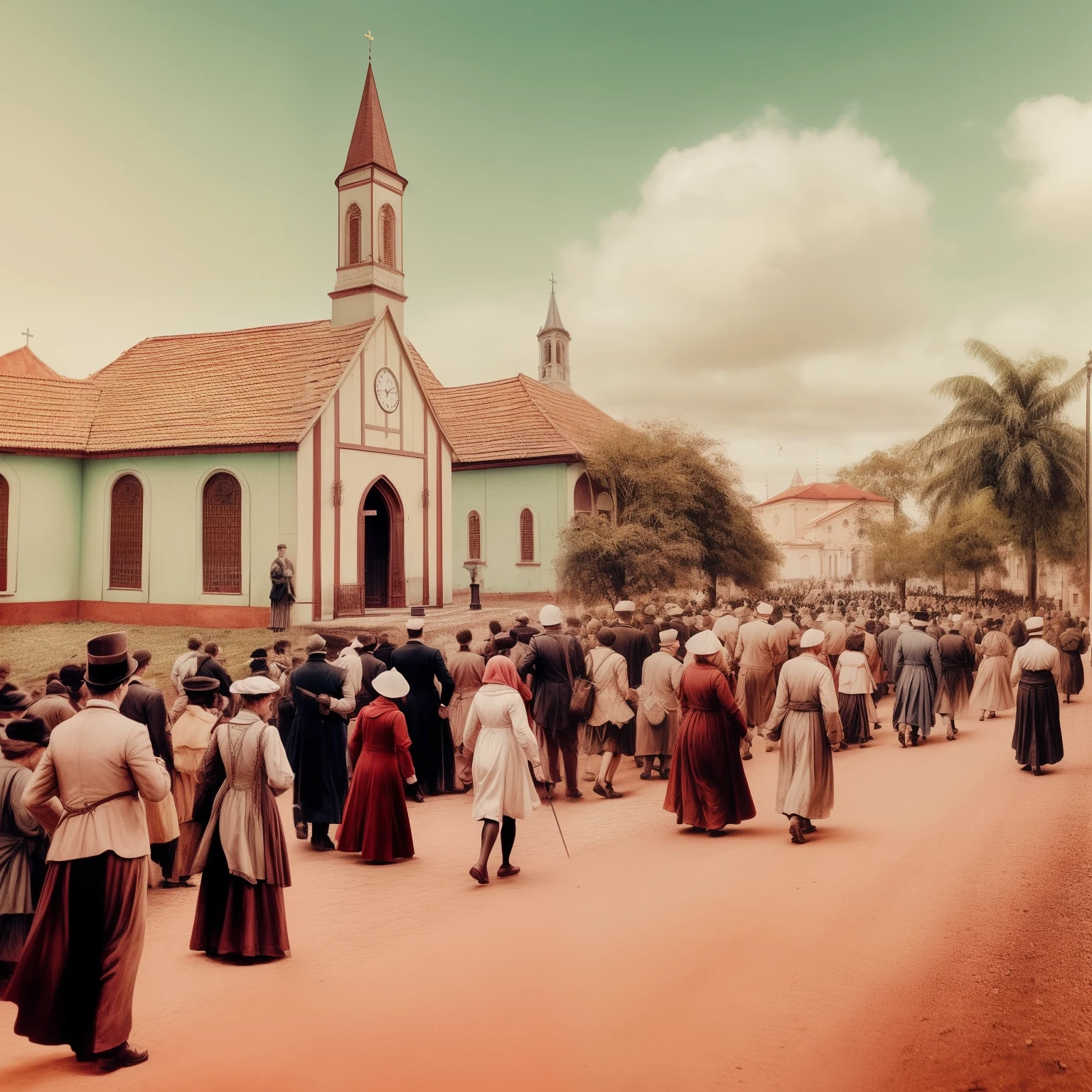 People are walking in front of a church with a clock tower, historical image, historical picture, Directed by: Miroslava Sviridova, historical photography, historic photo, historical setting, nostalgic 8k, cena da igreja, Victorian era, sunday afternoon, bispo do rosario, Henry Alvim Correa, Directed by: Fernando Gerassi, Directed by: Samuel Birmann