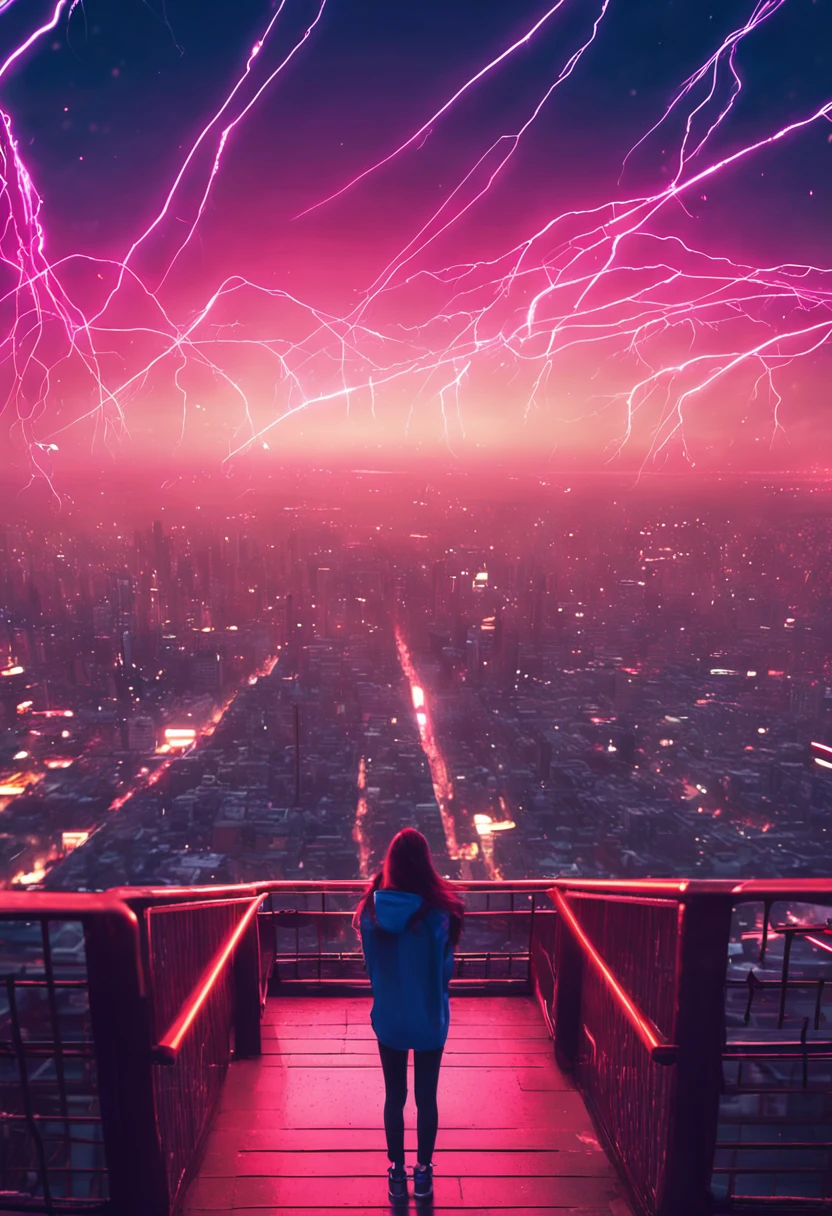 "Image Quality: 14K (Best Quality Scale: 2.8), Artistic Style: Realistic, Photorealistic Factor: 1.37, Clarity: Ultra High Definition, Subject: 1girl turned away stunning cityscape ,hoodie,blue hair, neon color shooting stars, very long hair, off shoulder, feather hair ornament, neon colors, flashes, stunning night sky, Teenage Girl (1 years old body), Notable Features: body turned away, Exquisite Details, Composition:, Damp Hair, Context: Amidst Colossal Dalsefo, white t shirt , very detailed