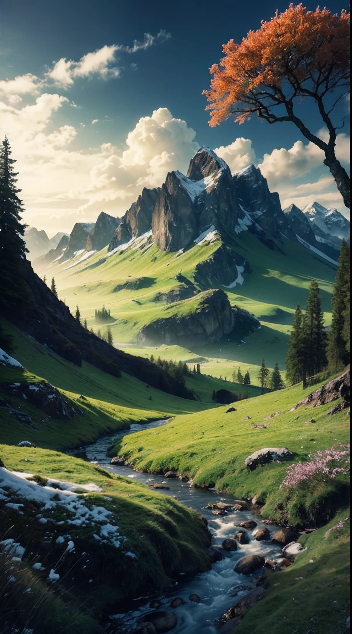 lanscape, 8k potrait of beautiful landscape with a snow mountain, rule of third photography, intricate, elegant, realistic depth of field photography, perfect natural lighting (masterpiece, sidelighting, finely detailed beautiful image render), realistic leav, realistic cloudy, realistic bokeh, realistic blue sky, beautiful sky, ray of light, rule of third photography, point of interest photography, perfect lanscape color tone, realistic moss, realistic grass, realistic store texture, realistic hill, realistic tree, best lanscape color tone, realistic mountain, realistic river, realistic shadow, best of saturation, RAW IMAGE, lots of bird, realistic birds, foggy, realstic snow, snow land