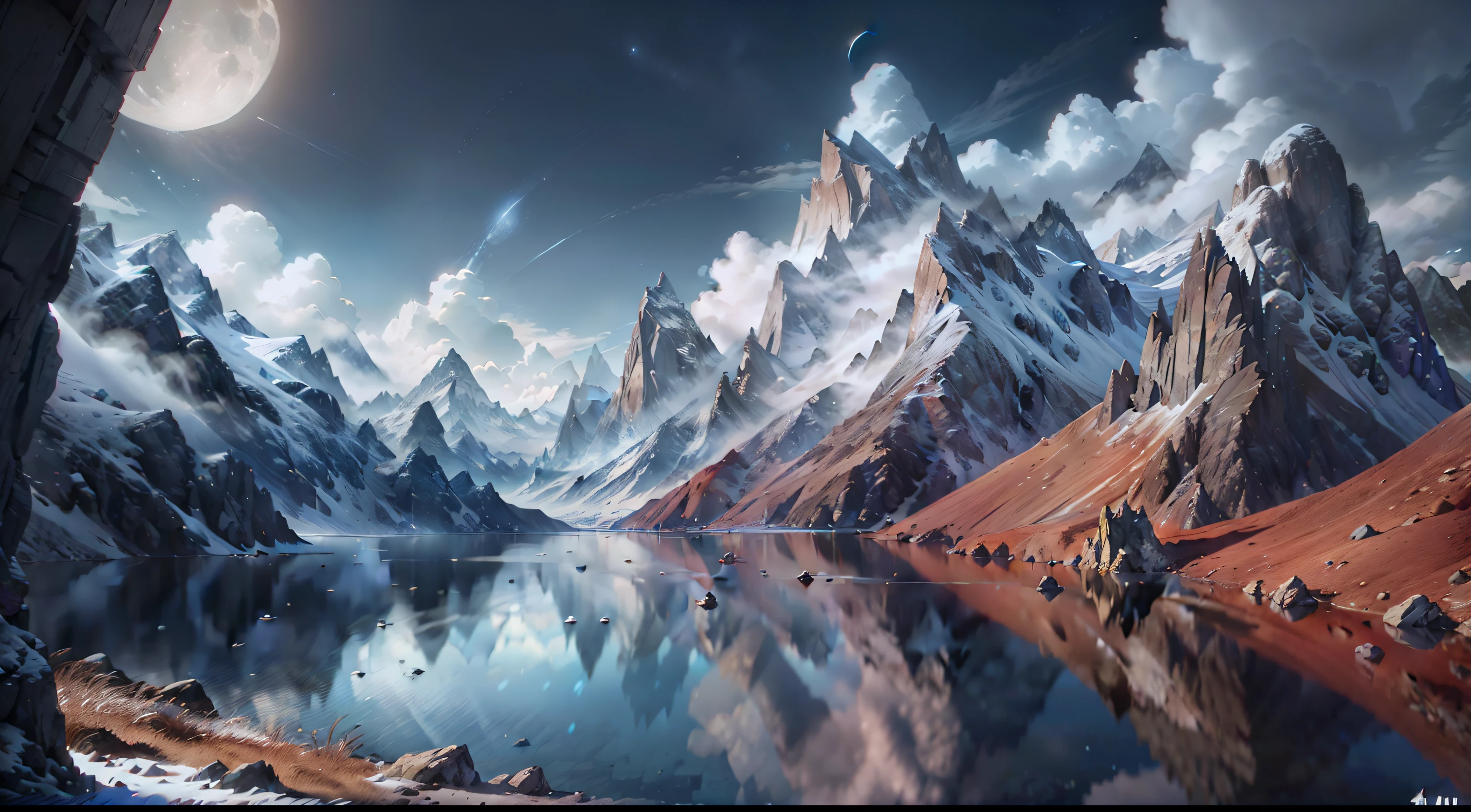 mountains and a lake with a moon in the sky, 4k highly detailed digital art, 4 k hd wallpaper very detailed, impressive fantasy landscape, sci-fi fantasy desktop wallpaper, unreal engine 4k wallpaper, 4k detailed digital art, sci-fi fantasy wallpaper, epic dreamlike fantasy landscape, 4k hd matte digital painting, 8k stunning artwork