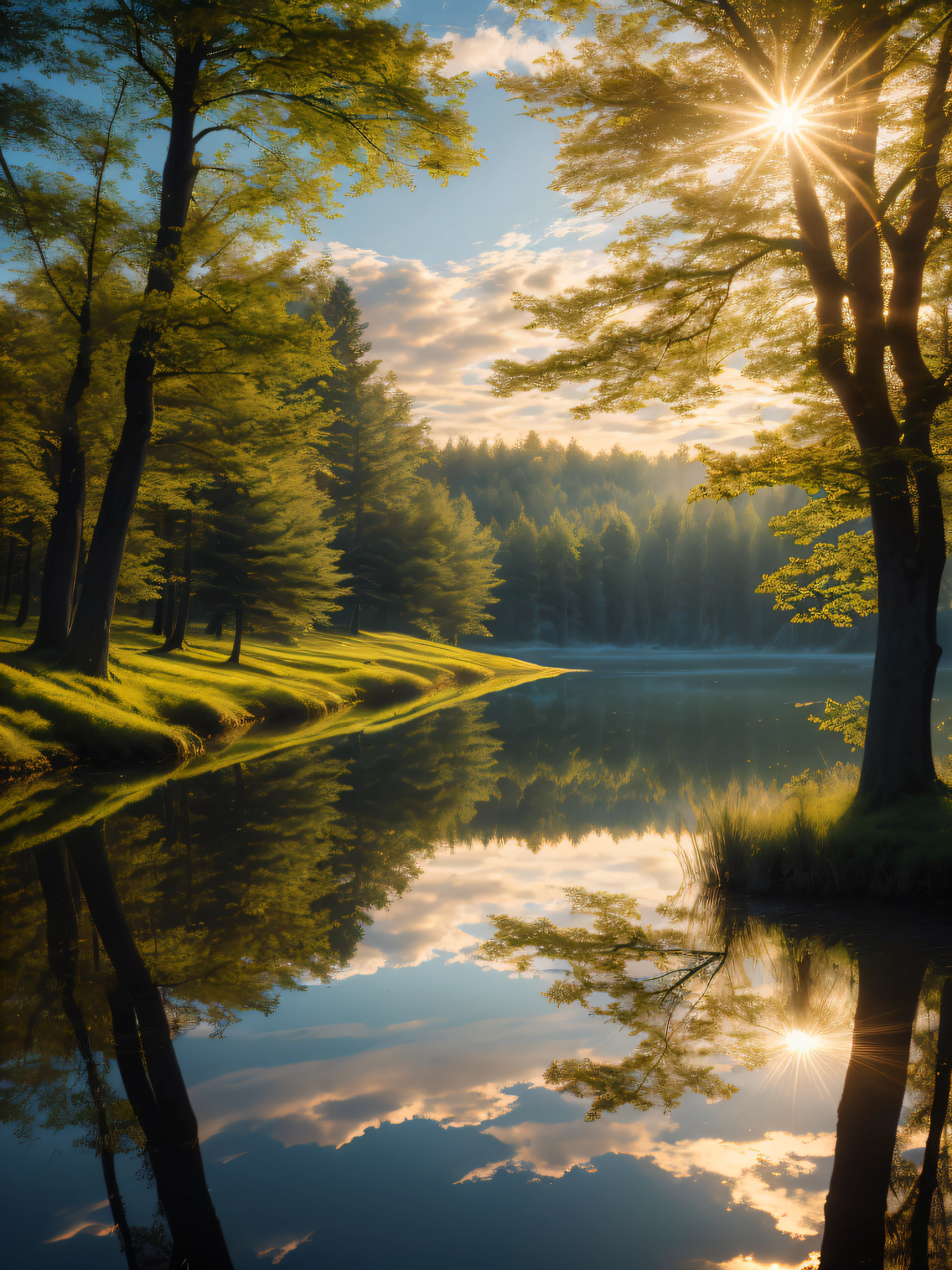 wallpaper, summer, lake, dawn, forest, detailed forest, clouds, masterpiece, cinematic, soft light, depth of field, ray tracing, reflection in water, realism, ulra detailed,