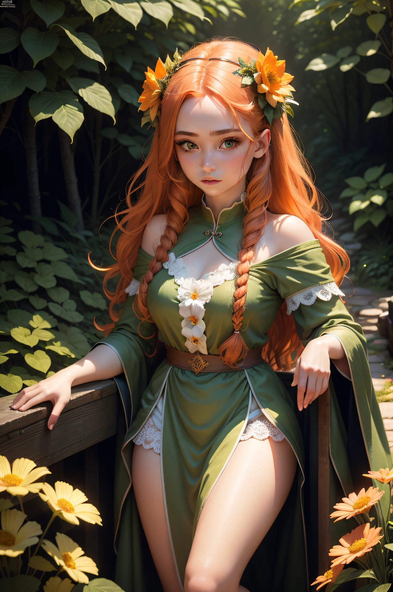 35mm, Incredibly hyper-detailed and intricately realistic, Female, Adult, full body character, Forest nymphs, Adult, Beautiful, Girly, Orange hair, Green eyes, adorned in majestic attire, Flowers in hair, Detailed face, light-skinned, Mature facial features, Garden background, Cover art, an ultrafine painting, lighting, Bar lighting, Resort, 4k resolution concept art portrait.