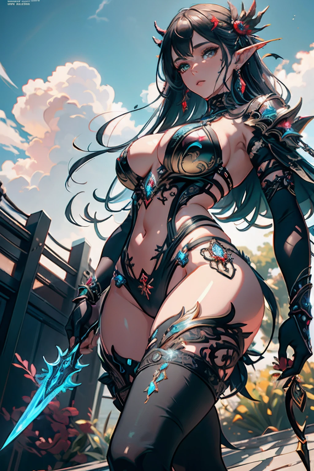 Detalhes altos, best quality, 8k, [ultra detalhado], master part, best quality, (extremamente detalhado), Dynamic angle, tiro ultra largo, fotorrealista, arte de fantasia, arte dnd, Arte de RPG, arte realista, uma grande angular, (((anatomicamente correto)))  Uma imagem de um cavaleiro elfo, Elfo Guerreiro, guerreiro de elite, Pronto para a batalha (Detalhes intensos, master part, best quality: 1.5), Elfo Feminino  (Detalhes intensos, master part, best quality: 1.5), Face Ultra Detalhada, ultra feminino, pele clara, Beleza requintada, cabelos dourados, cabelos longos, cabelos ondulados, Orelhas pontiagudas pequenas, dynamic eye color, wearing heavy Elven LnF armor, metal brilhante, armed with elven sword, espada de fantasia, espada, Standing near a unicorn, Prados verdes, blue sky background and some clouds field background depth (detalhes intrincados, master part, best quality: 1.5), Dynamic angle, (detalhes intrincados, master part, best quality: 1.5), Detalhes altos, best quality, Altas, Ultra Grande Angular
