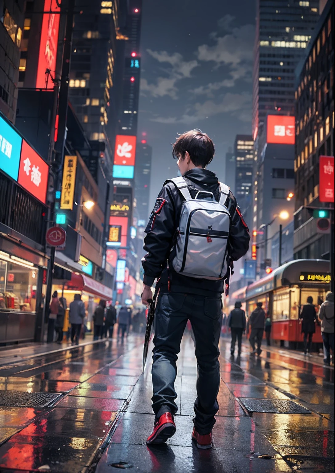 1boy,a 13 yo boy、Cyberpunk Boy、katanas,Whole body bloody、The beginning of the adventure、Lots of clouds,heavy fog、starrysky、Moon,Chaotic city of the future、Movie dystopia、A group of very tall skyscrapers stands in the center、Very complex cityscape,Crowded Chinese skyscrapers、street signs、streetlights、taxis、buses、Train、Pretty dim lighting、Dark road、puddles、Chaotic、Beautiful and fantastic scenery、Cinematic scenery、hightquality、masutepiece,in 8K、hight resolution、