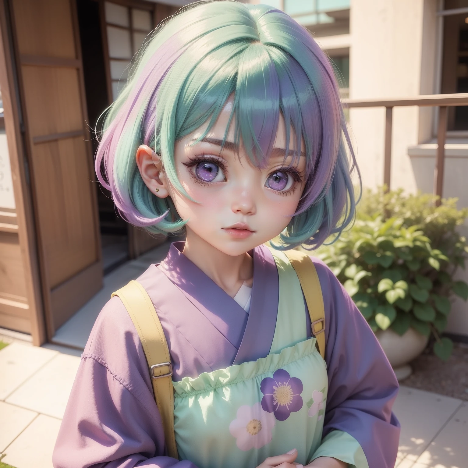 cute kawaii pastel girl ,anime, japanese anime, green, purple hair