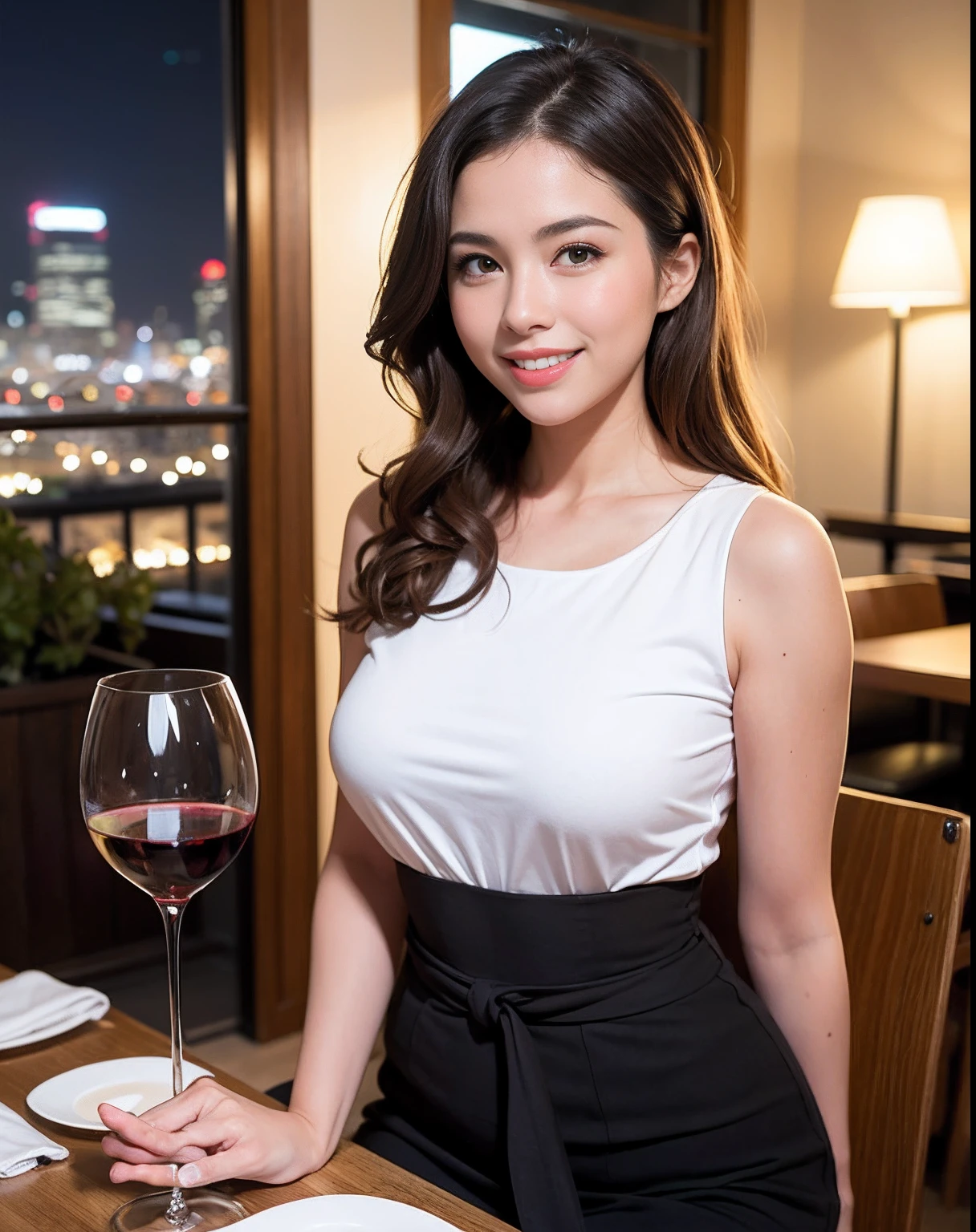 (64K, UHD, top quality, masterpiece: 1.2), (realistic, photorealistic: 1.37), super detailed, pretty woman 1 person, (slim face), (slim body), (brown hair), (short cut), cheeks slightly blushing, (44 years old), 38 years old, solo, beautiful detailed urban night view outside the window, restaurant, wine glasses sit, at night, in a prominent placeNovaFrogStyle, Actress, Model, Waist Up, White Wine, Slim, Wine Glass, Super Clean Night View, Wine Glass Put in the Middle, Happy Smile, (Smile: 1.15), Beautiful Fine Eyes, Upper Body, Bust Japan Up, Night, Short, Short, Actress, Model, Waist Up, White Wine, Slim, Wine Glass, Super Clean Night View, Wine Glass Put in the Middle, Happy Smile,