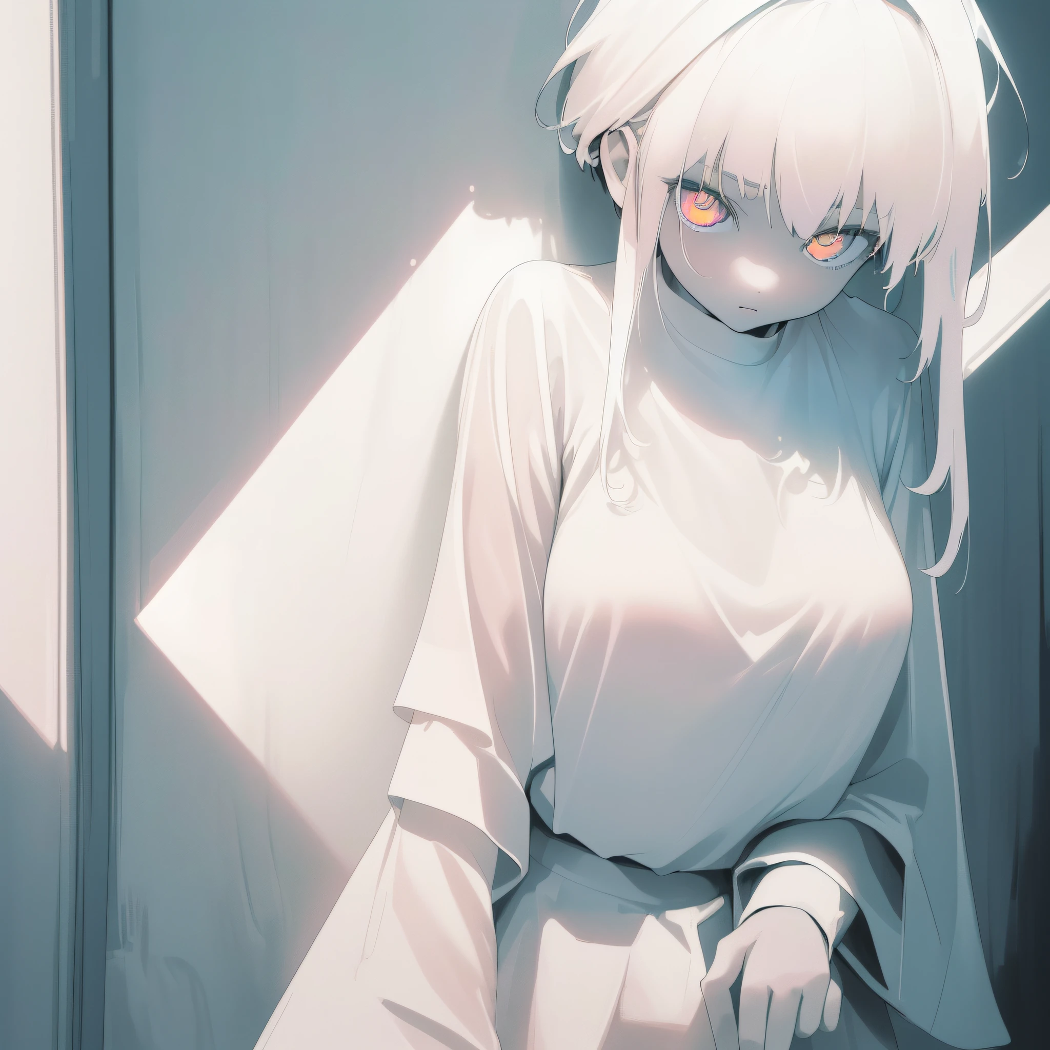 masterpiece, top quality, highest resolution, 1girl in 8years old, close up, (white oversized shirt:1.3), (pale white hair with a lot of fluorescent colors), (delicate fluorescent white eyes:1.4), (a corner of a dark room), (fullnude:1.0), (highcontrast:1.1), best light and shadow,