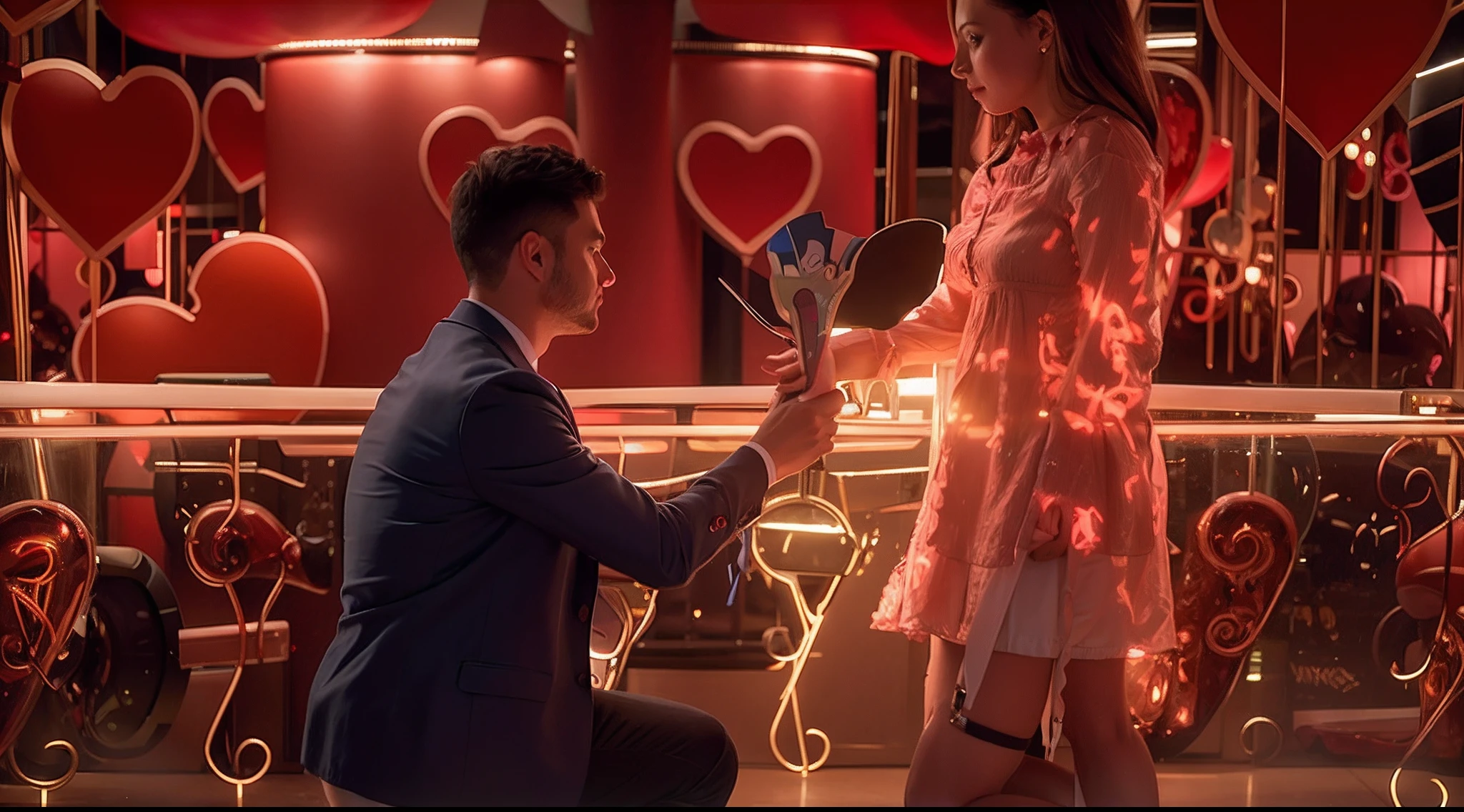 they are holding hands in front of a large heart - shaped display, man proposing his girlfriend, ๐คฌ ๐คฎ ๐ ๐, edited, โค๐ฅ๐๐ช, romantic, taken with sony alpha 9, ๐ญ๐คฎ ๐, they are in love, by Emma Andijewska, by Valentine Hugo, ๐๐น๐พ, finally