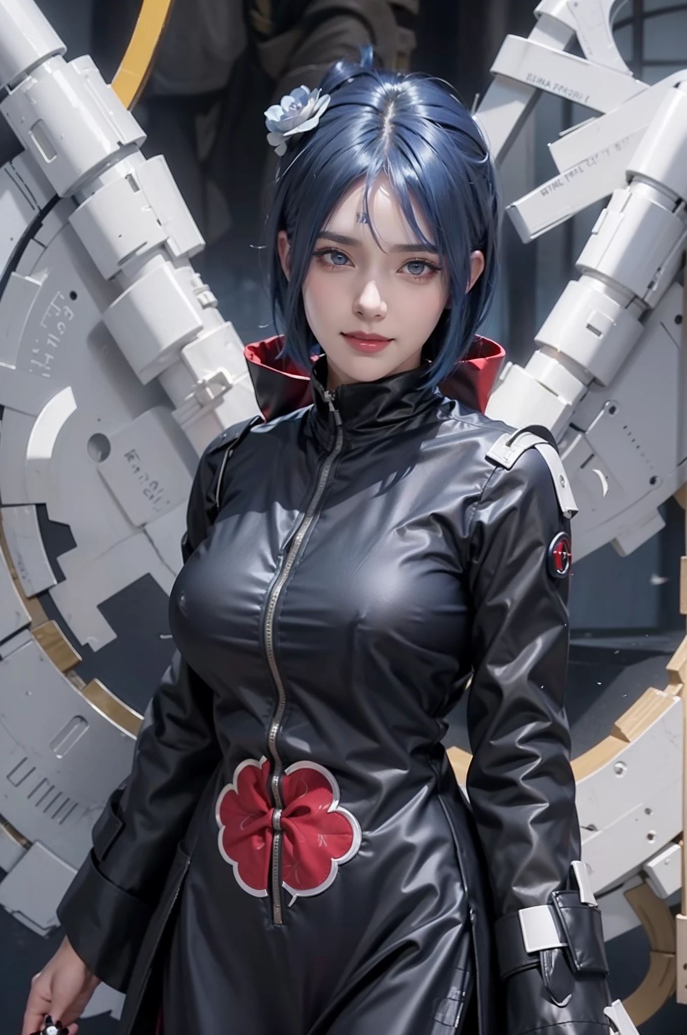 1girl, konan akatsuki in anime naruto, short hair, blue hair, black eyes, smile, beautiful, sexy dress, sexy clothes, black and red clothes, very big breast, realistic clothes, detail clothes, outdoor background, ultra detail, realistic