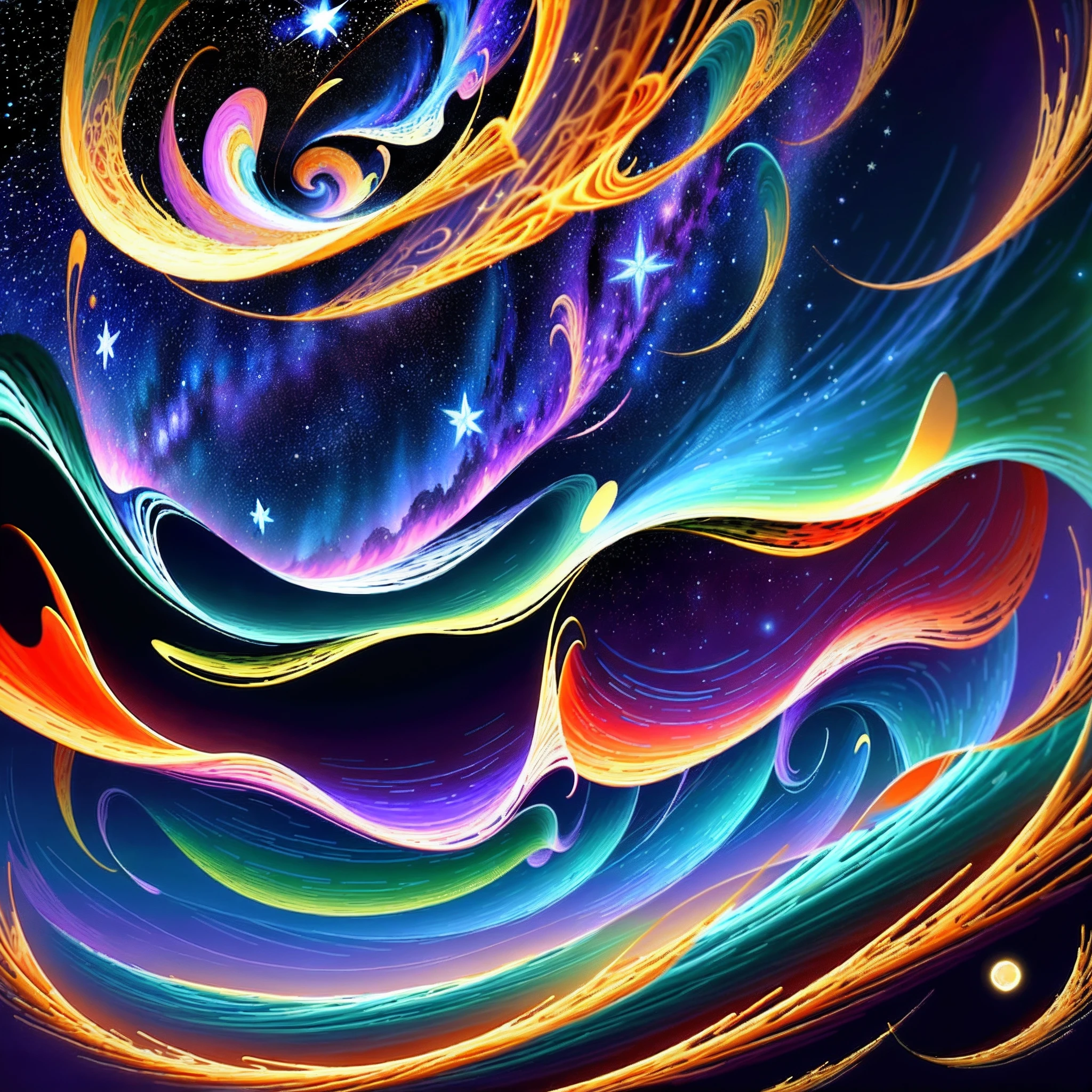 A painting on blue paper of a romantic starry sky, twinkling shooting stars, Van Gogh, art nouveau organic smooth lines, futuristic colorful waves, intricate bizarre illustration, swirling swirls, colorful turbulence, high resolution --ar 3:4