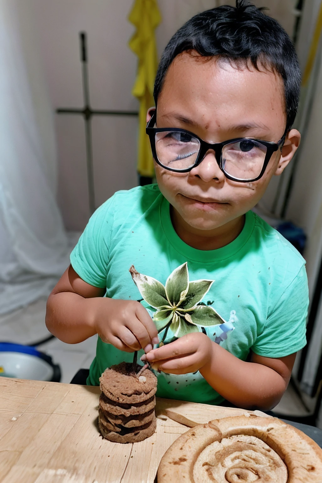 loeanerdinho1, Retrato de meio corpo de um garoto de 3 anos de idade usando oculos, roupas casuais (rosto detalhado:1.3), feliz, entregando uma flor para o espectador, Facing the camera squarely. Foco na flor e desfoque do restante da cena. Imagem extremamente realista e detalhada com iluminacaonde estudio chiaroscuro