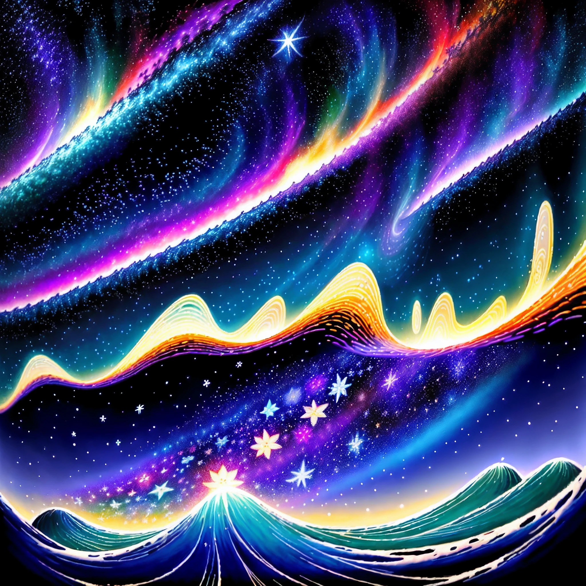A painting on blue paper of a romantic starry sky, twinkling shooting stars, Van Gogh, art nouveau organic smooth lines, futuristic colorful waves, intricate bizarre illustration, swirling swirls, colorful turbulence, high resolution --ar 3:4