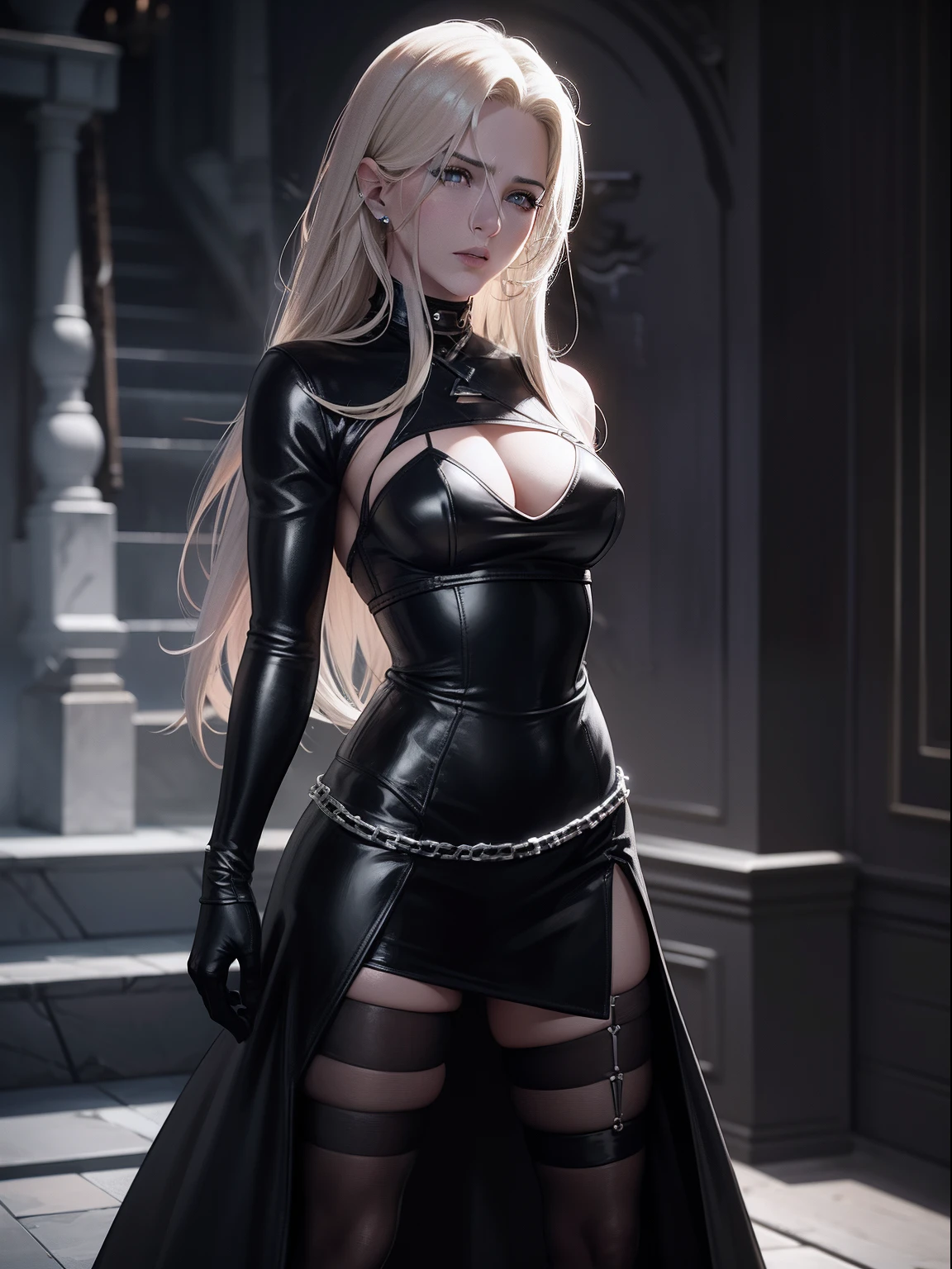 Young Jennifer Aniston as a cenobite from movie Hellrsiser, black leather wear, bdsm-style, horror movie, gothic , thorns, open wounds, chains and hooks, blood on hands,erotic,white skin, in full height