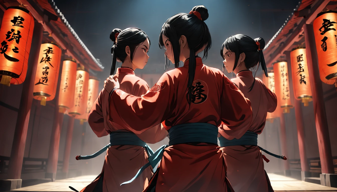 Assassination of the royal coup in eastern China, Two Shaolin women back to back, Fight against multiple assassins, Masterpiece, Best quality, cinematic Film still from, standing in the room, Close-up, Dim, Scary, Cold hard lighting, midnight, (spark of light:0.7)