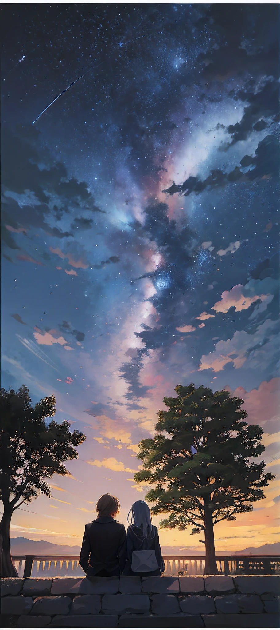octane,skies,As estrelas(skies),scenecy,stary sky,Night,1 pair of men and women,night sky,独奏,al fresco,architectural,the clouds,the Milky Way,Sit,The tree,Long hair,miji,siluettes,townscape,late evening,The vastness is vast