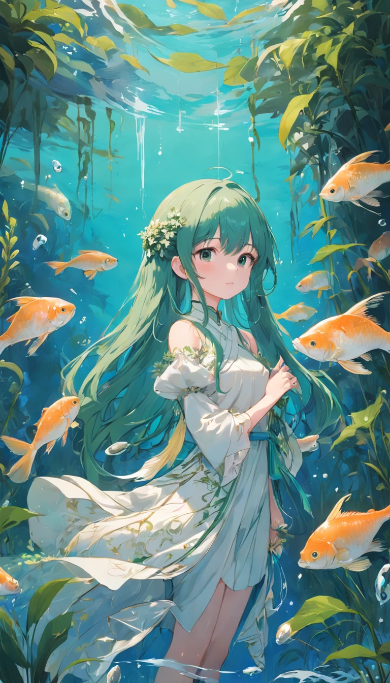 Girl on blue background,Green aquatic plants,Best Masterpiece,ultra intricately detailed,超高分辨率,fish flocks,White dress,float in the water,