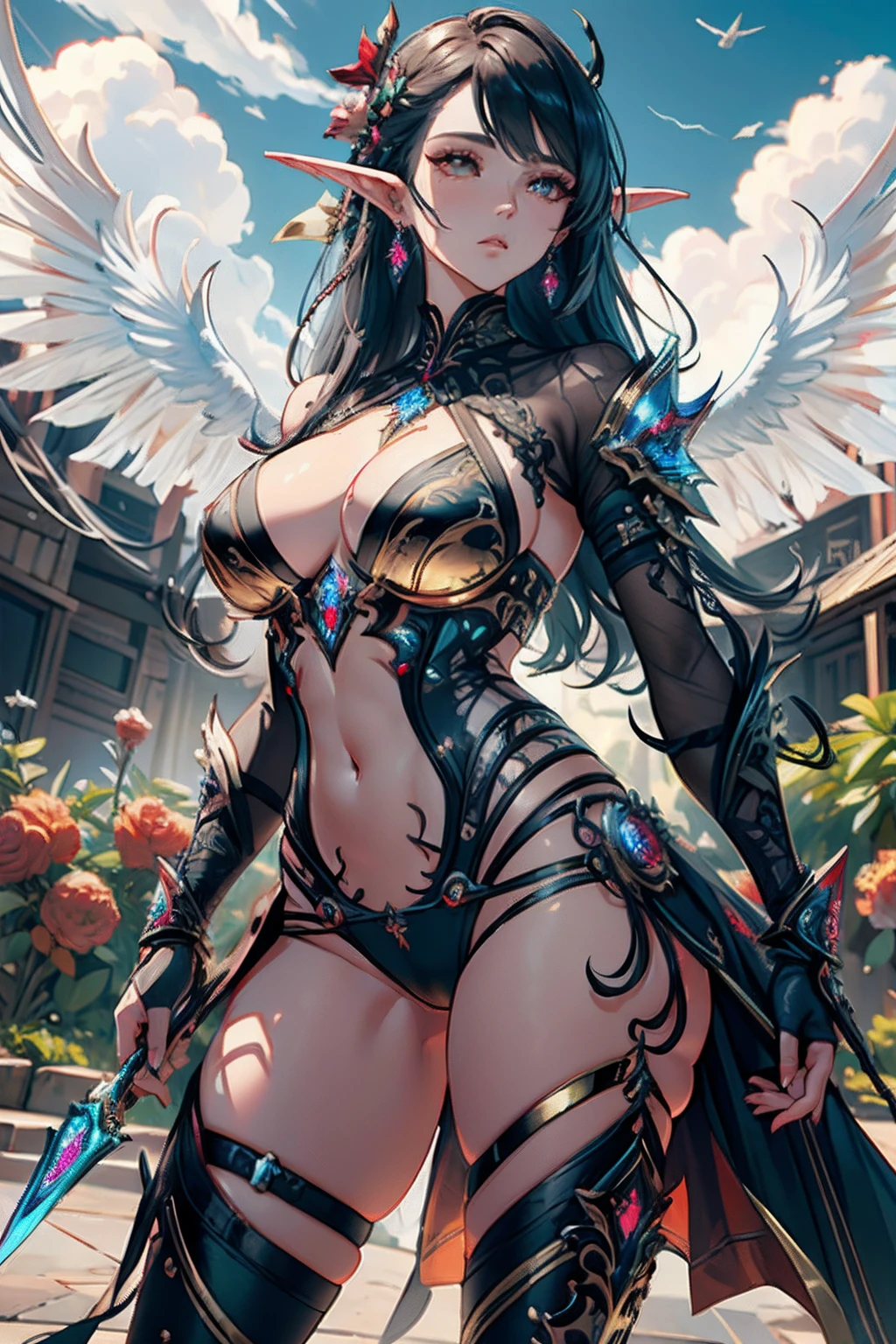 Detalhes altos, best quality, 8k, [ultra detalhado], master part, best quality, (extremamente detalhado), Dynamic angle, tiro ultra largo, fotorrealista, arte de fantasia, arte dnd, Arte de RPG, arte realista, uma grande angular, (((anatomicamente correto)))  Uma imagem de um cavaleiro elfo, Elfo Guerreiro, guerreiro de elite, Pronto para a batalha (Detalhes intensos, master part, best quality: 1.5), Elfo Feminino  (Detalhes intensos, master part, best quality: 1.5), Face Ultra Detalhada, ultra feminino, pele clara, Beleza requintada, cabelos dourados, cabelos longos, cabelos ondulados, Orelhas pontiagudas pequenas, dynamic eye color, wearing heavy Elven LnF armor, metal brilhante, armed with elven sword, espada de fantasia, espada, Standing near a unicorn, Prados verdes, blue sky background and some clouds field background depth (detalhes intrincados, master part, best quality: 1.5), Dynamic angle, (detalhes intrincados, master part, best quality: 1.5), Detalhes altos, best quality, Altas, Ultra Grande Angular