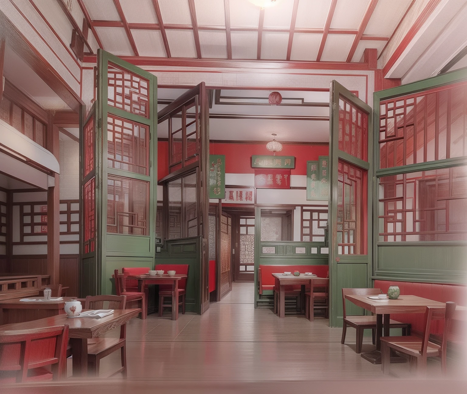 Chinese restaurant，Red and green wooden furniture