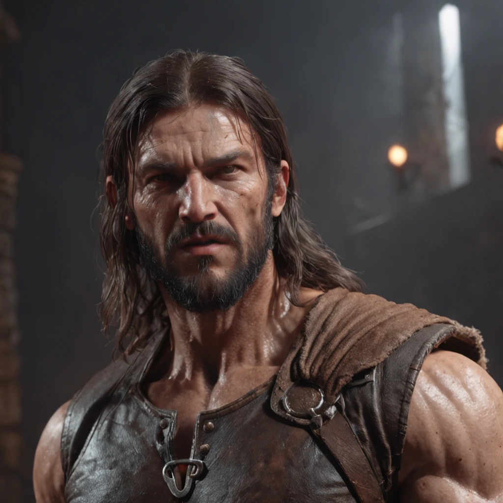 (professional 3d render:1.3) af (Realistic:1.3) most beautiful artwork photo in the world,Features soft and shiny male heroes, ((Epic hero fantasy muscle man rough wet hero angry looking long hair short beard and ferocious expression in dynamic pose, Fantastic location, Majestic cluttered environment)), Full body 8K unified rendering, action shot, skin pore, very dark lighting, heavyshading, Detailed, Detailed face, (vibrant, photograph realistic, Realistic, Dramatic, Dark, Sharp focus, 8K), (Old leather garments damaged by weathering:1.4), ((((Wear fur)))), (Intricate:1.4), decadent, (Highly detailed:1.4), Digital painting, rendering by octane, art stations, concept-art, smooth, Sharp focus, illustration, Art germ, (loish:0.23), wlop ilya kuvshinov, and greg rutkowski and alphonse mucha gracias, (Global illumination, Studio light, volumettic light), heavy rain, particles floating, lotr, fantasy, elf, full bodyesbian, ((Dark and ancient city background:1.3)),CGSesociety,art stations