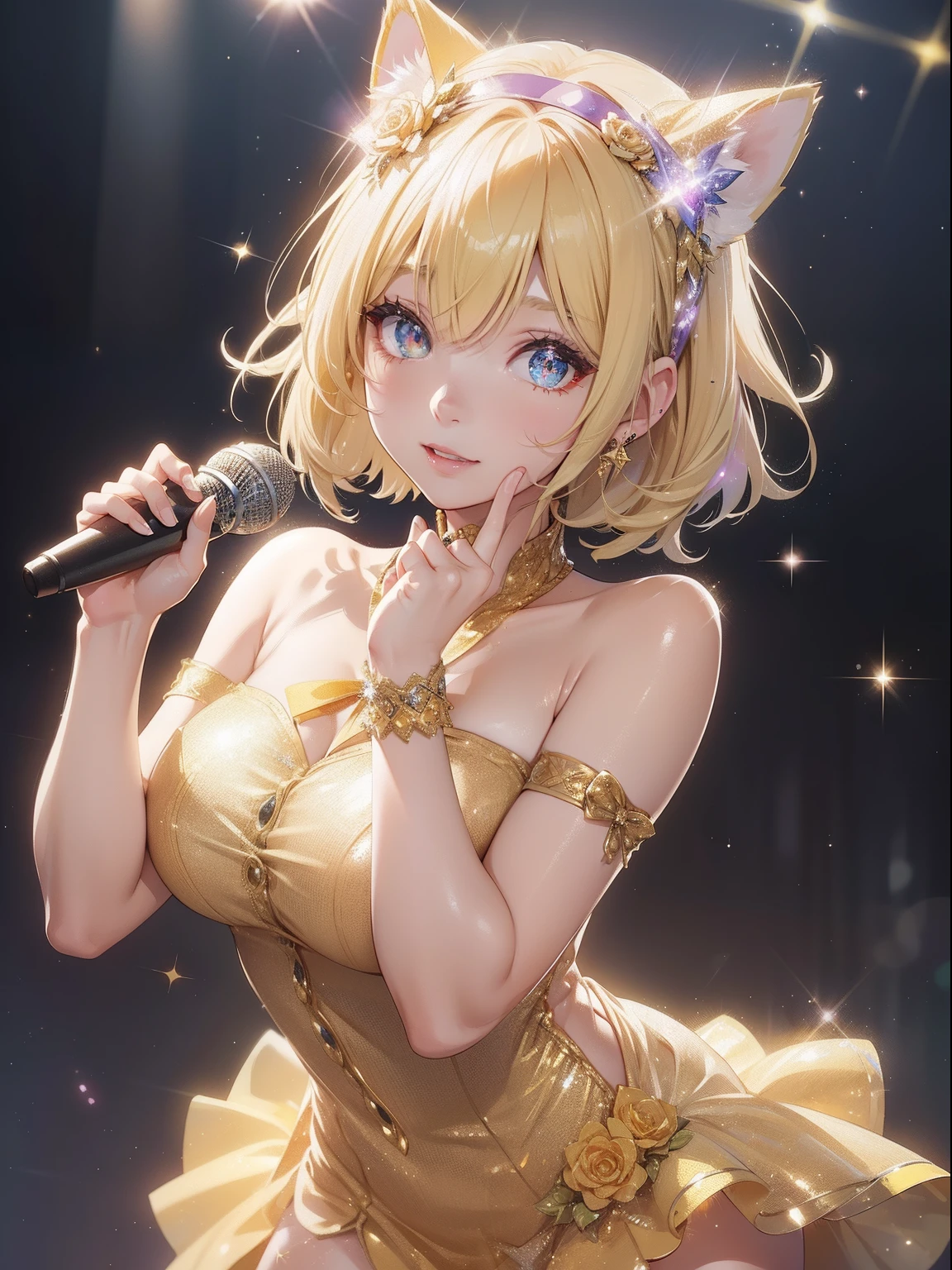 masutepiece, High resolution, 8K, anime woman, Delicate and detailed writing 、Detailed digital illustration、Short hair、perm、Shiny hair、Bangs、a very beautiful woman、Eyes are double, Large, Bust is D cup、High image quality, High quality、Detailed background、(((Wearing idol clothes)))、((Glittering live stage backdrop))、The inside of the eye shines like a diamond、Light yellow hair、Gradient pupil、(((2 arms、4 fingers, 1 thumb)))、Detailed female face、Very beautiful and cute woman、、细致背景、masterpiece、Soft Focus , Bright gradient watercolor , Lens Flare , (((Glitter))) , Glow , Dreamy , (((Holding a glitter microphone in your hand)))、a miniskirt、Idol、Yellow Ribbon、Very beautiful yellow rose hair accessories、Yellow and gold costume with white as the main color、((close-up))、Glitter Cat Ear Headband、(((Take an idle pose)))