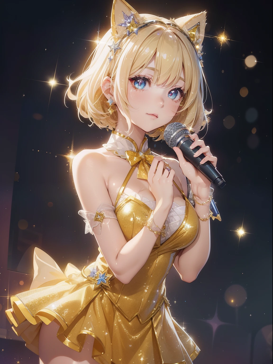 masterpiece、Soft Focus , Bright gradient watercolor、Tabletop, High resolution, 8k, Anime Women, Delicate and detailed writing 、Detailed digital illustration、high resolution, high quality、Detailed Background、Close-up photo、
short hair、Shiny Hair、Bright yellow hair、bangs、Very beautiful woman、Idol、Double Eyes、Large Breasts、
(((Two arms、Four fingers, One thumb)))、Detailed female face、
(Holding a glittering golden microphone:1.5)、Singing on a microphone、(Idol Costumeini)、 short skirt、Yellow ribbon、Yellow rose hair accessory、Yellow and white outfit、(I can see her white panties:1.3)