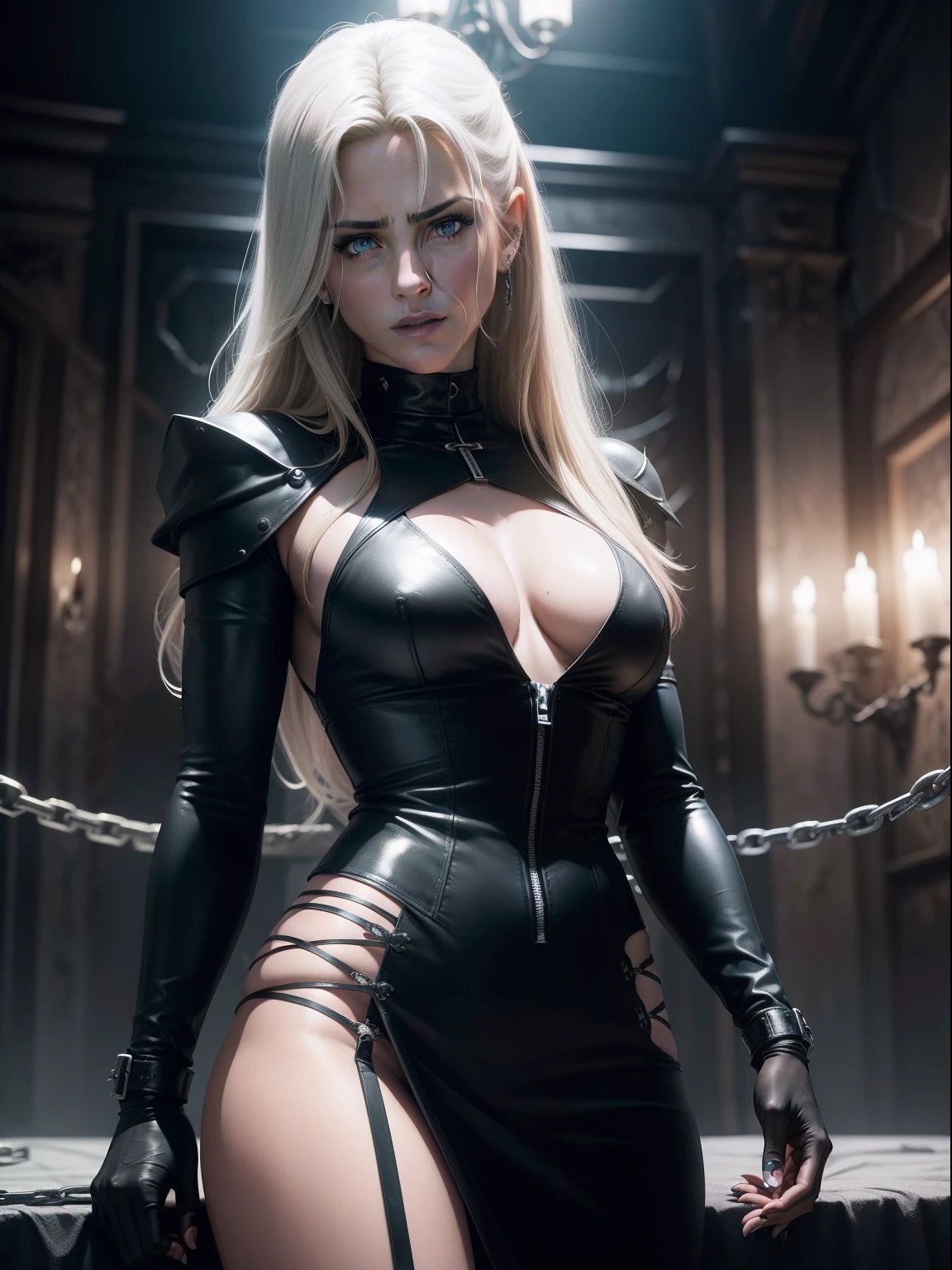 Young Jennifer Aniston as a cenobite from movie Hellrsiser, black leather wear, bdsm-style, horror movie, gothic , thorns, open wounds, chains and hooks, blood on hands,erotic,white skin, quality face